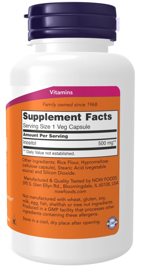 Dos du flacon. Étiquette avec informations nutritionnelles: Inositol 500 mg. Ingrédients: Farine de riz, Hypromellose, Acide stéarique, Dioxyde de silicium. NOW FOODS.