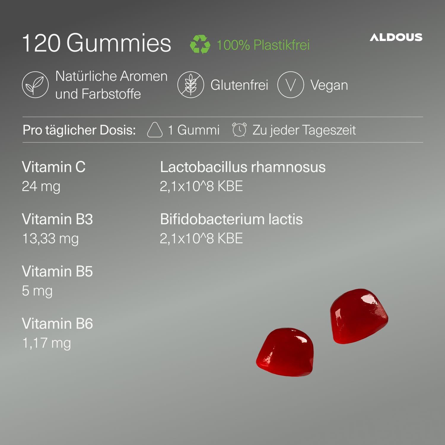 Bonbons gélifiés probiotiques Aldous : 120 pièces, sans gluten, vegan. Contient vitamines B3, B5, B6, C.