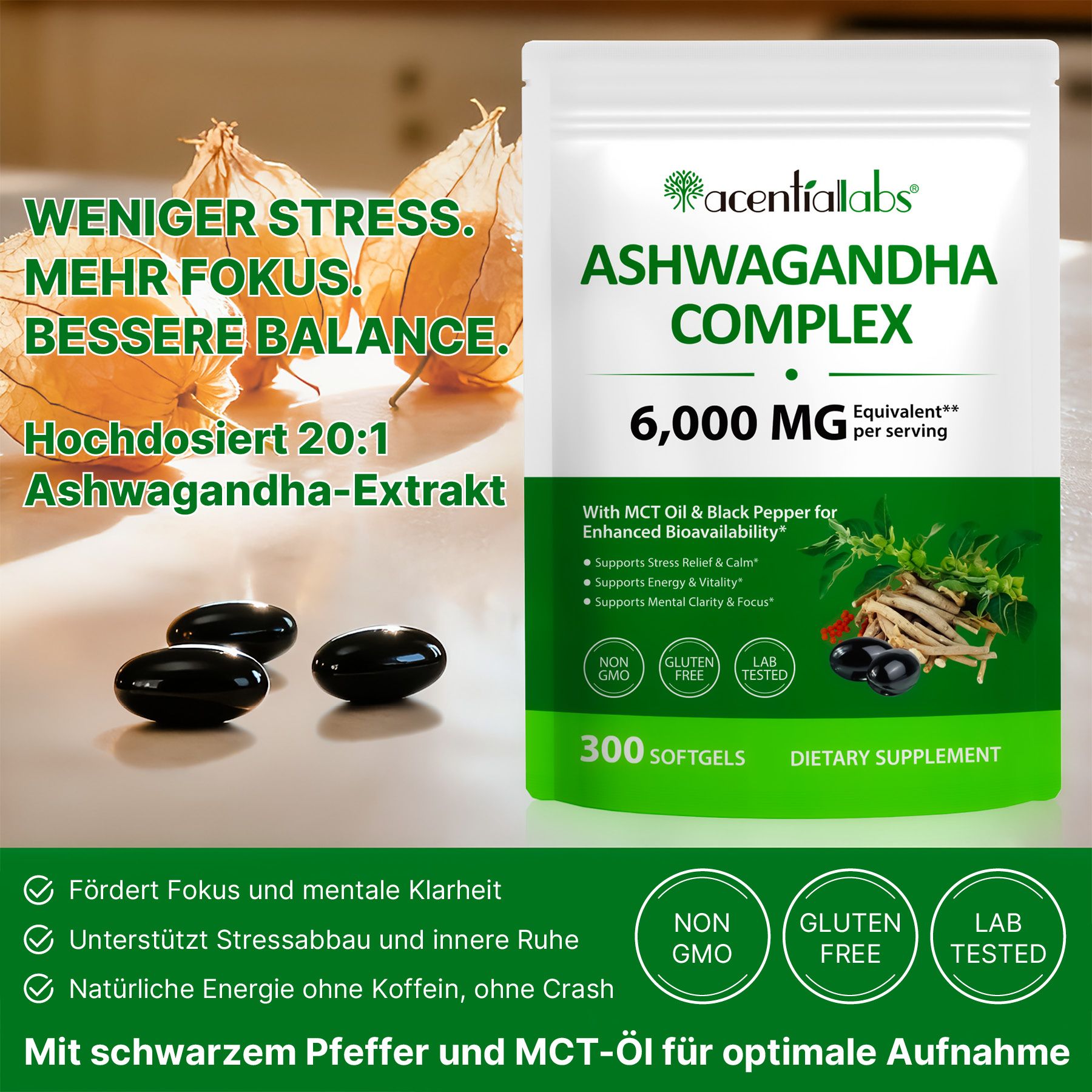 ALIVER Complexe d'extrait d'Ashwagandha Capsules molles à haute dose