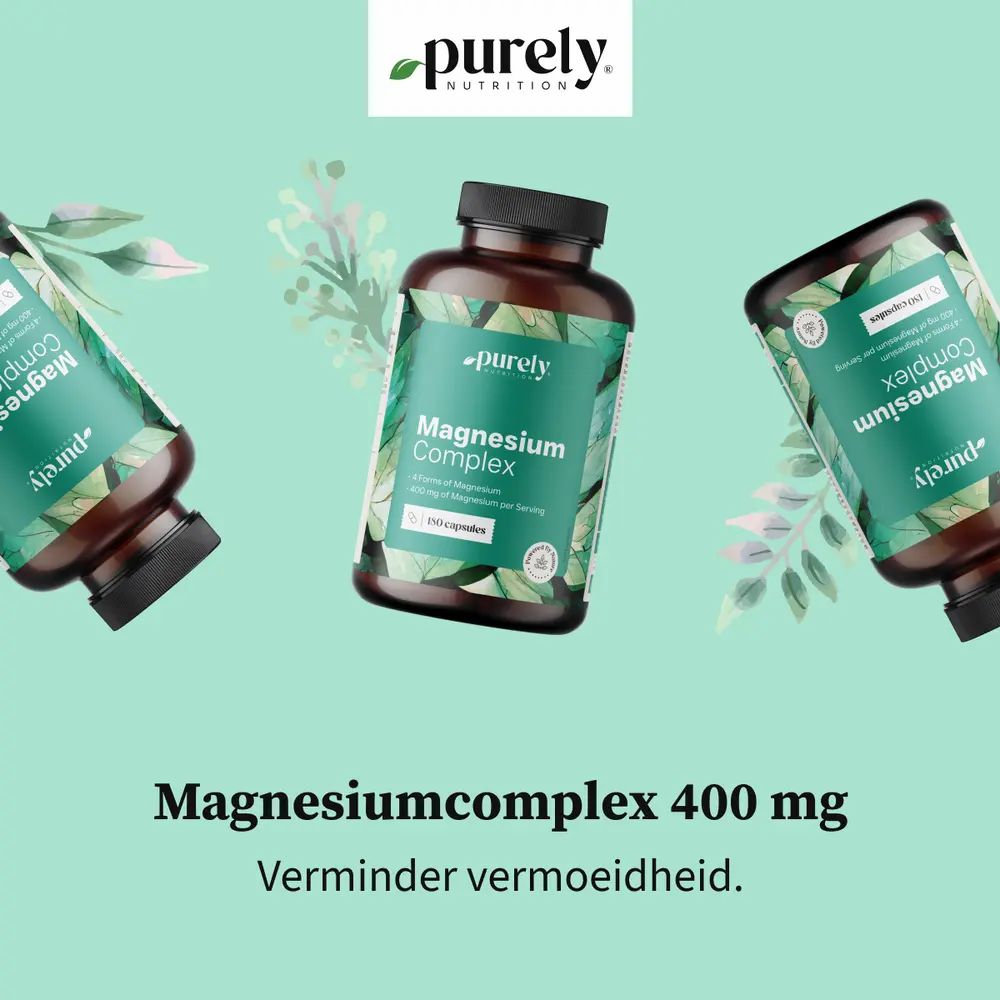 Drie flessen. Opschrift: Magnesiumcomplex 400 mg. Vermindert vermoeidheid.
