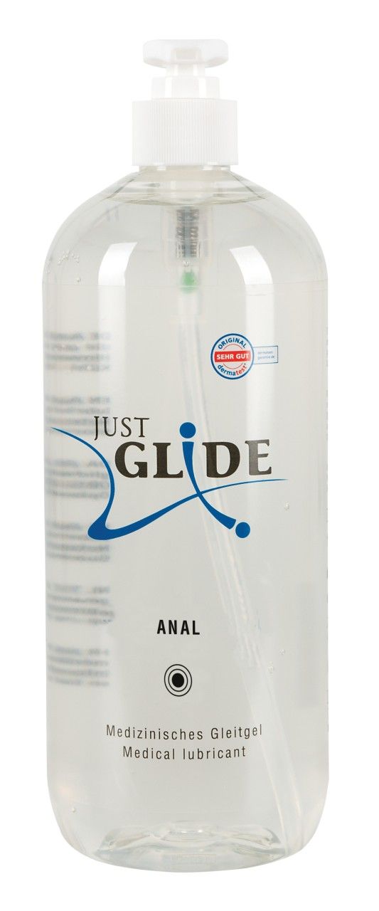 Flacon transparent avec pompe doseuse. Inscription: JUST GLIDE ANAL. Avec sceau dermatologique.