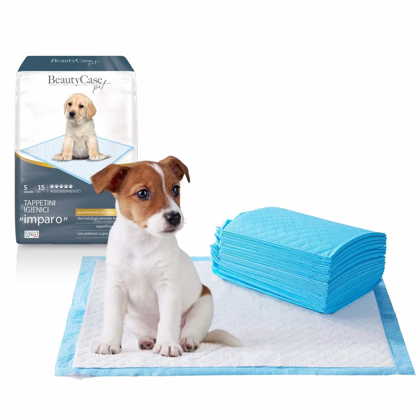 Chiot assis sur un tapis bleu. À côté, un paquet et une pile de tapis bleus. Un chiot est représenté sur l'emballage.