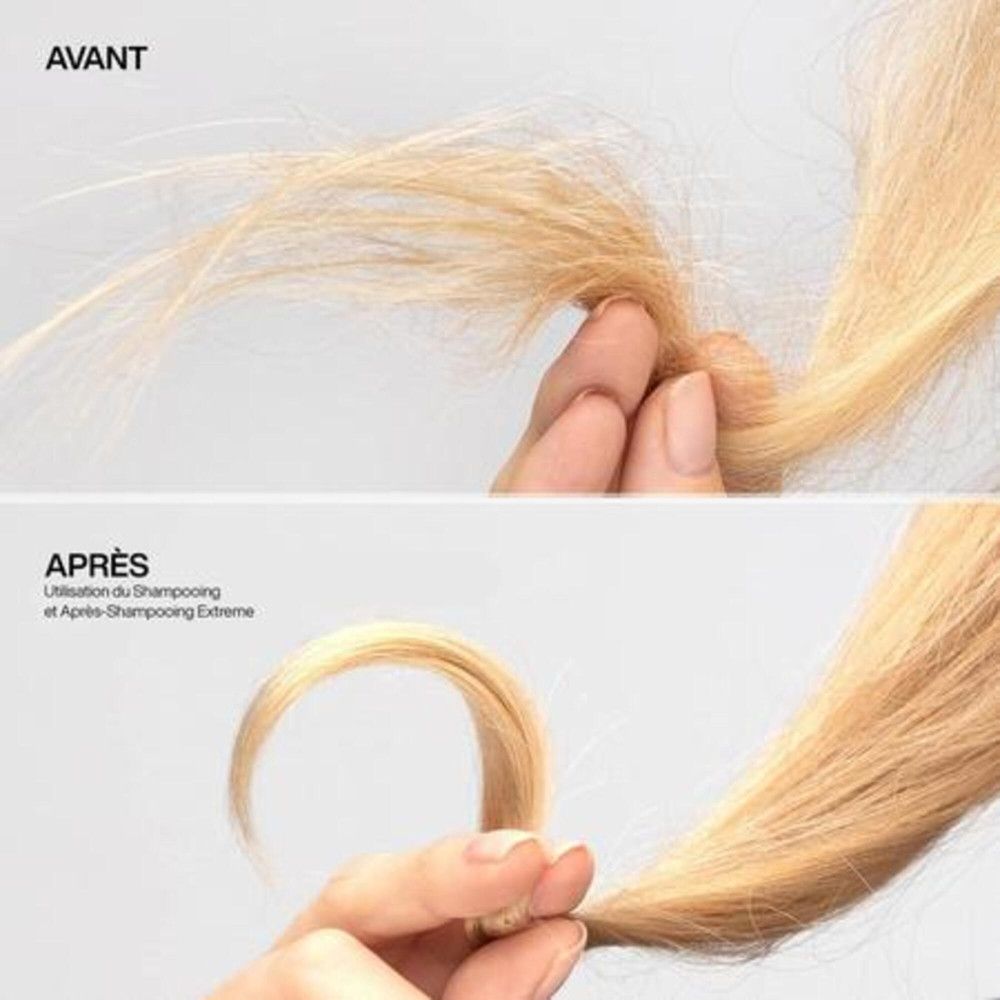 Vergelijking van haar: Voor en Na. Na gebruik van shampoo en Après-Shampooing Extreme, gladder haar.