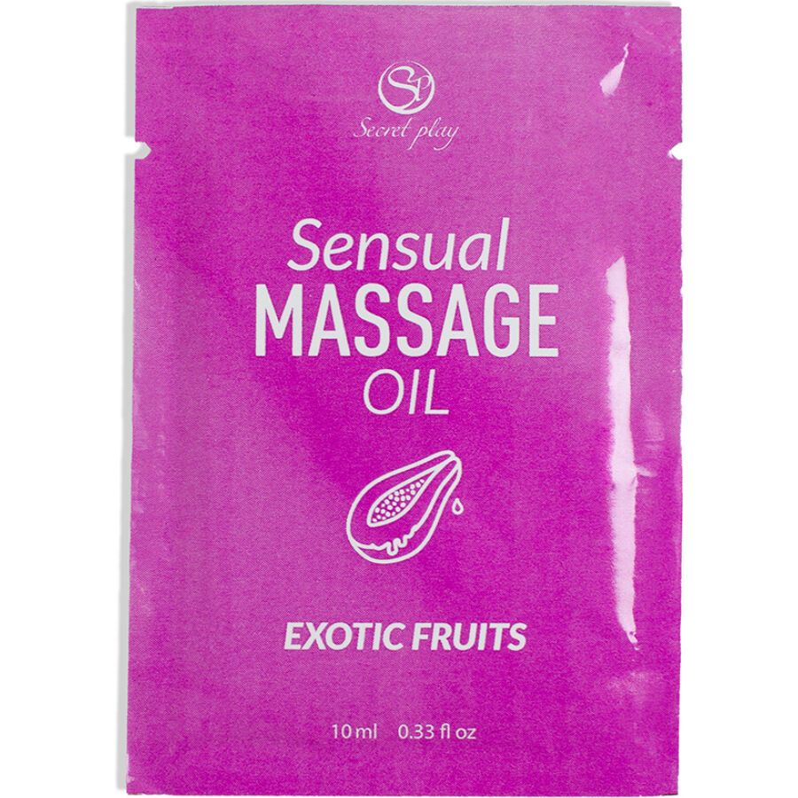 Sachet d'huile de massage. Inscription: "Sensual Massage Oil", "Exotic Fruits", logo. Contenu: 10 ml.