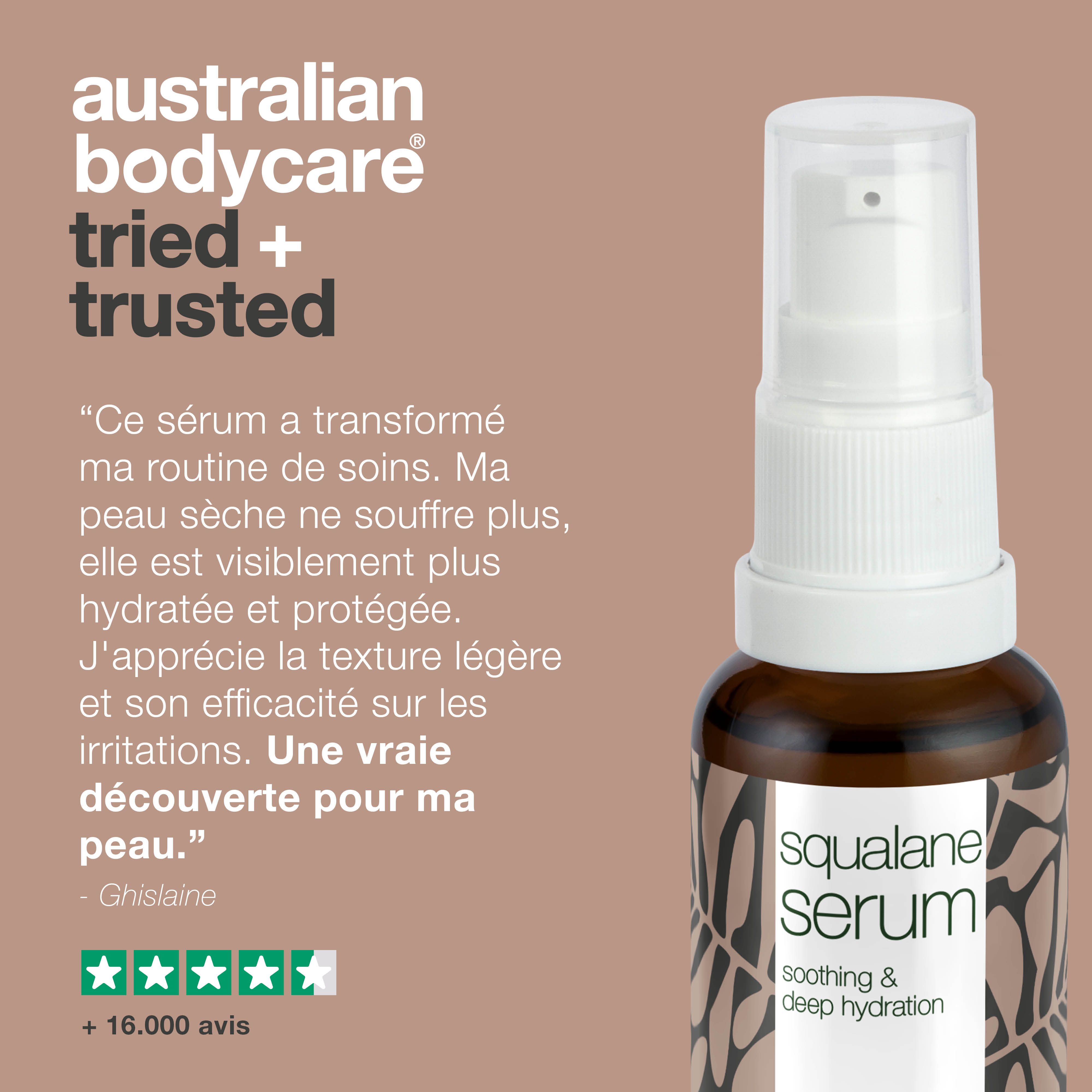 Flacon de sérum. Texte : Squalane Serum, +16 000 avis. Citation : Ce sérum a transformé ma peau.
