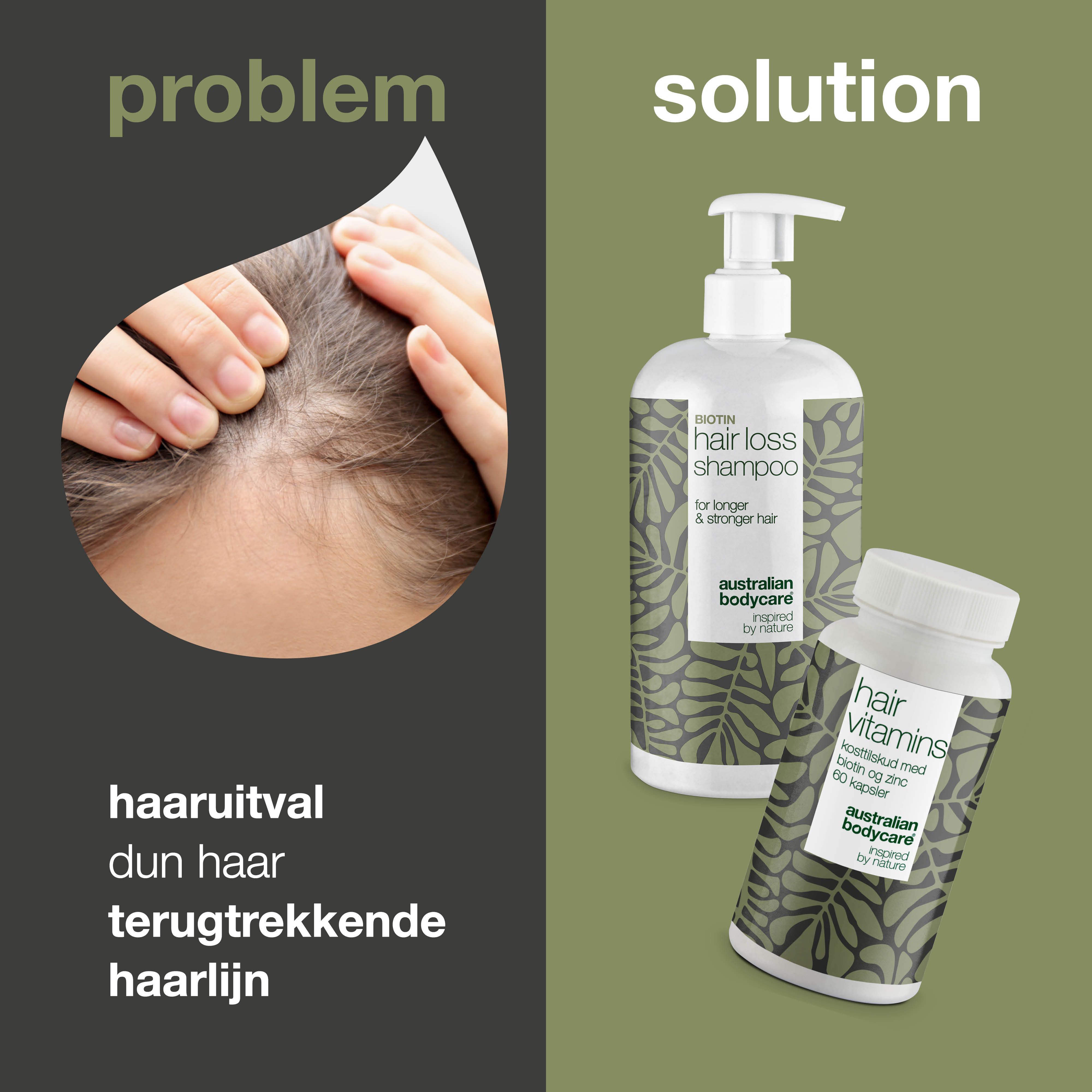 Haaruitval probleem en oplossing. Shampoo- en vitamineflessen. Tekst: Hair Loss Shampoo, Hair Vitamins. Merk: Australian Bodycare.