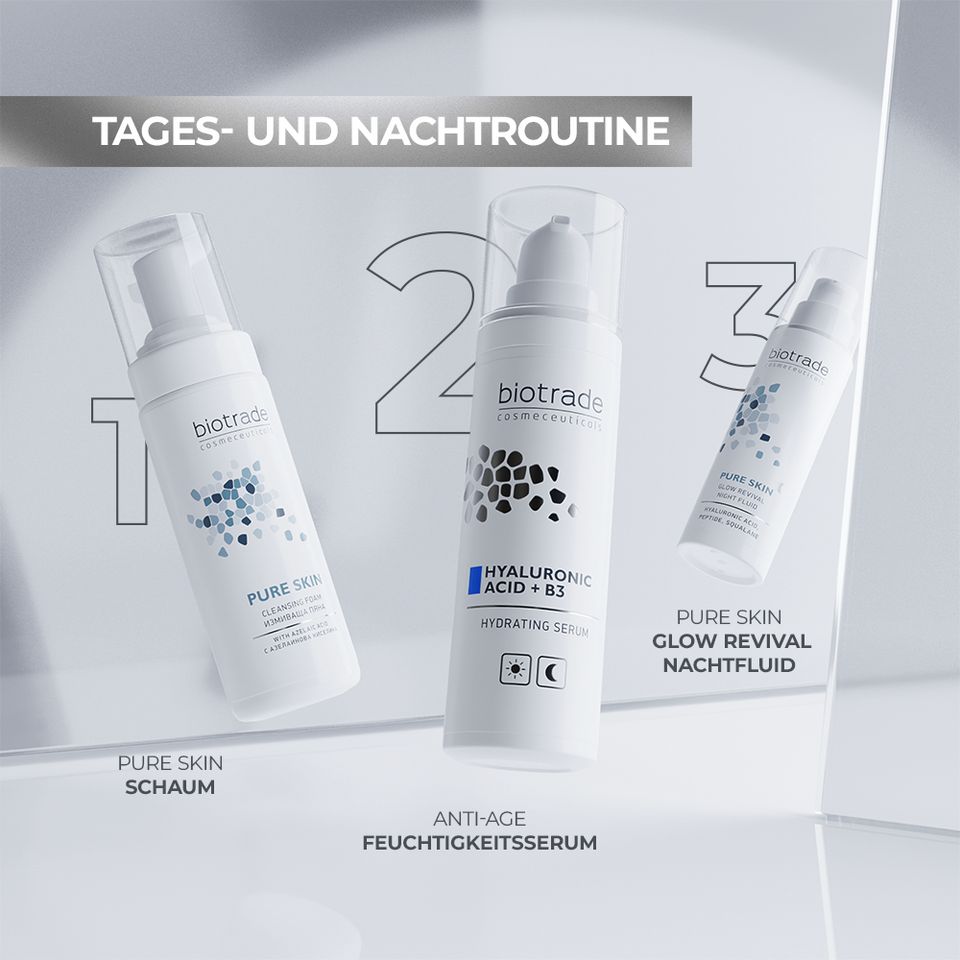 Biotrade huidverzorgingsproducten: reinigingsschuim, hydraterend serum, nachtfluid.