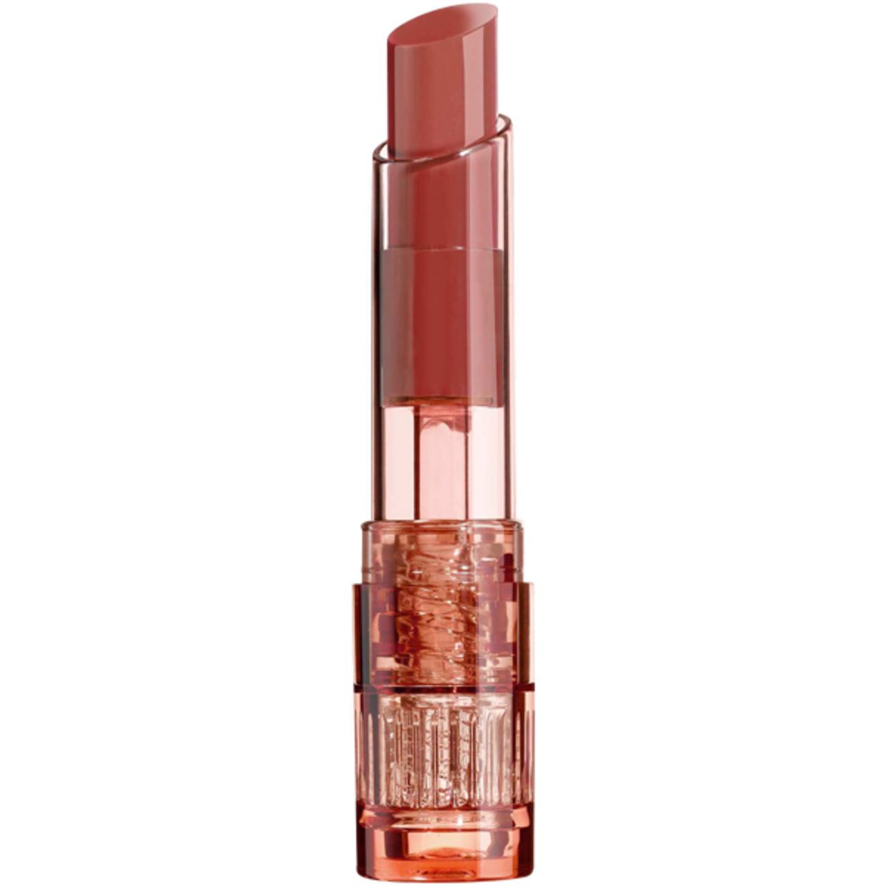 Baume à lèvres rose dans un étui transparent. Le bâton est partiellement sorti.