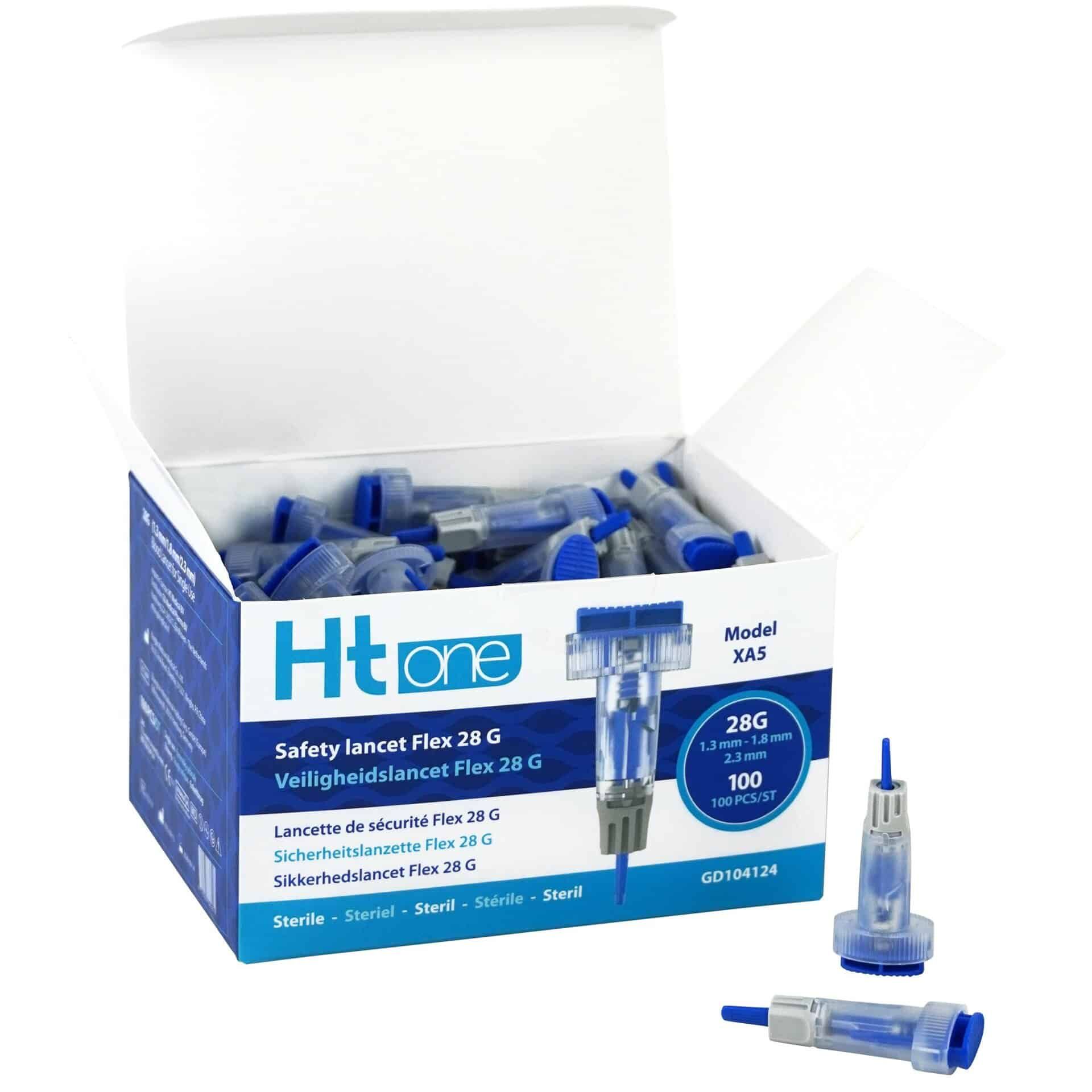 HT One Safety Lancet Flex 28G : Boîte ouverte contenant de nombreuses lancettes de sécurité stériles, 28G, 1.3-1.8mm.