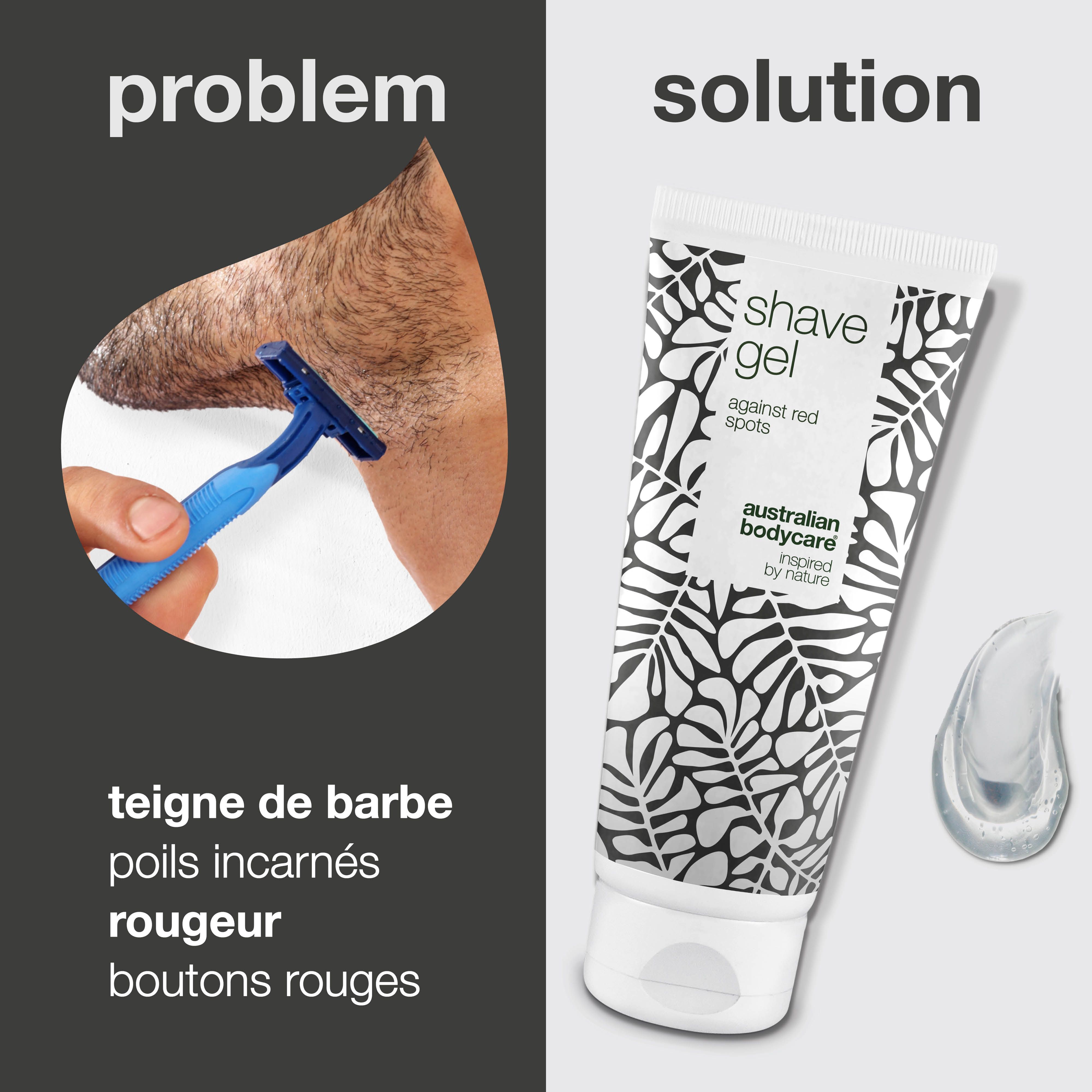 Comparaison: rasoir et éruption cutanée vs. tube de gel à raser. Inscription: shave gel against red spots. Australian Bodycare.