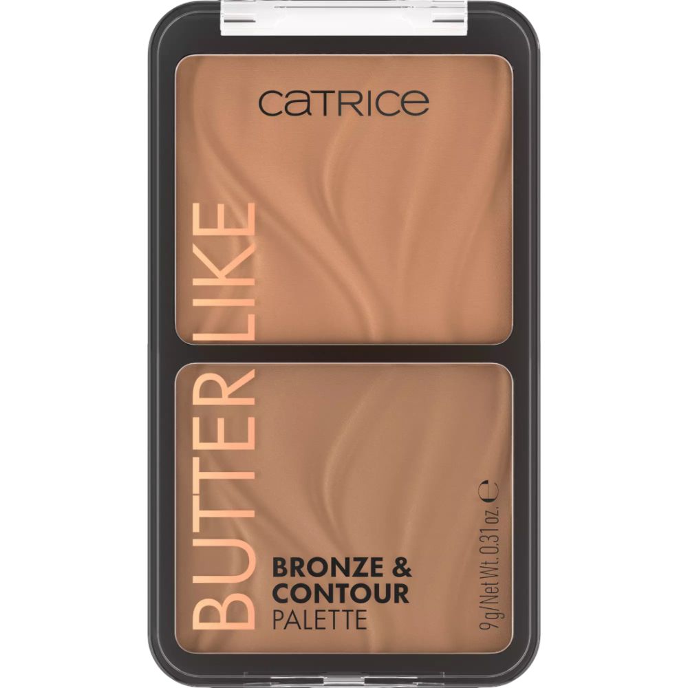 Gezichtspalet met twee bronzer- en contourkleuren. Merk Catrice. Tekst: Butter Like Bronze & Contour Palette.