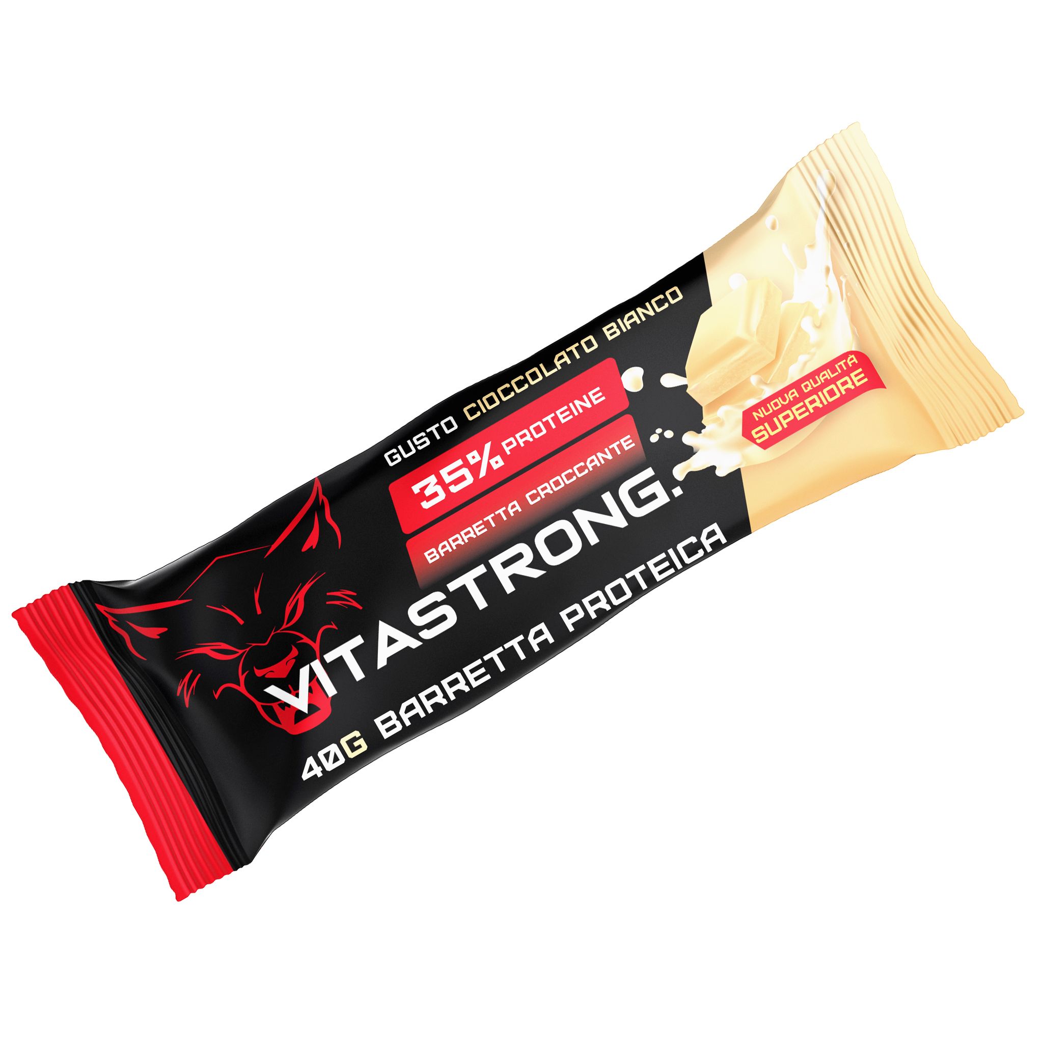 Barre emballée. Emballage noir et beige avec détails rouges. Texte: Vitastrong, 35% protéines, 40g Barretta Proteica.
