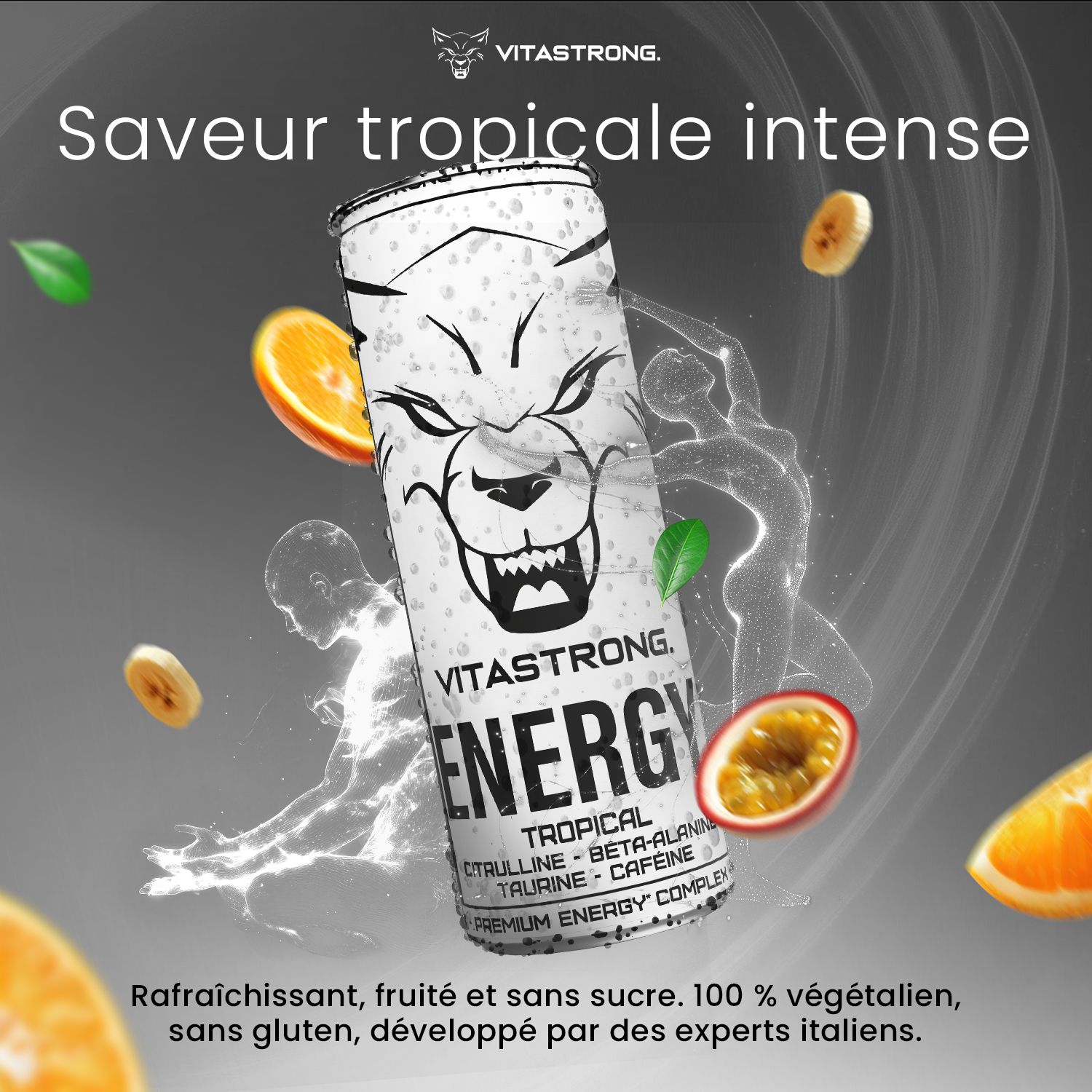 Image publicitaire avec canette, fruits et texte. Texte : Saveur tropicale intense.
