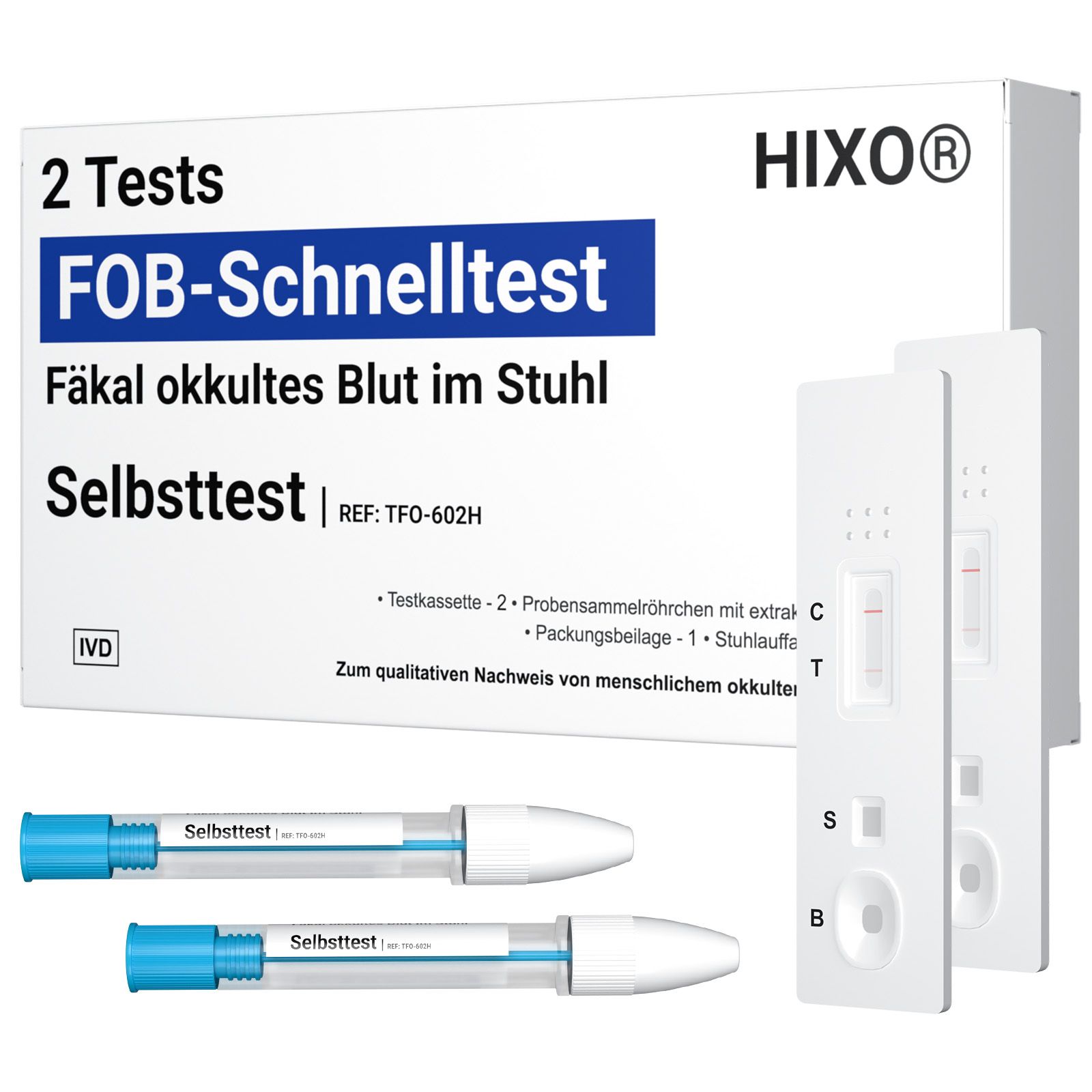 Verpakking met twee HIXO FOB sneltests. Bevat testcassettes en monsterbuisjes. Opschrift: "Fecaal occult bloed in de ontlasting".