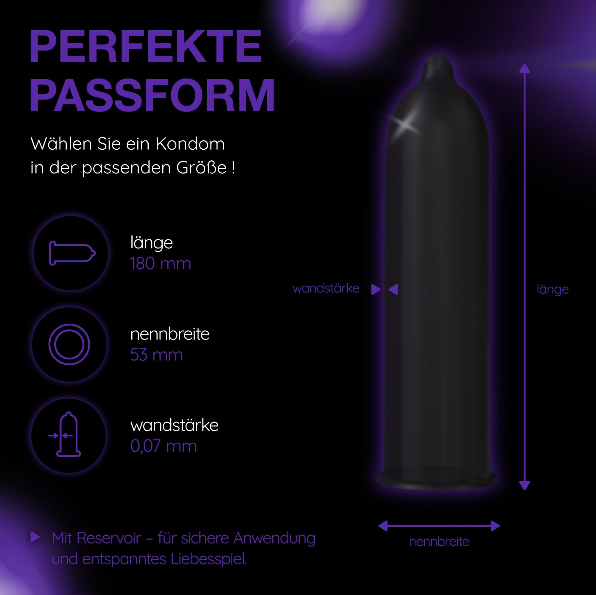 Préservatif noir avec dimensions : longueur 180mm, largeur nominale 53mm, épaisseur 0,07mm.