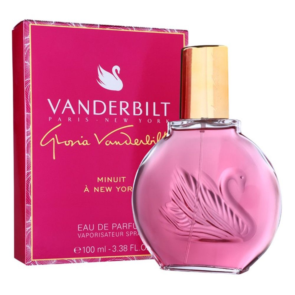 Flacon de parfum rose avec bouchon doré et cygne en relief. Emballage rose avec logo.