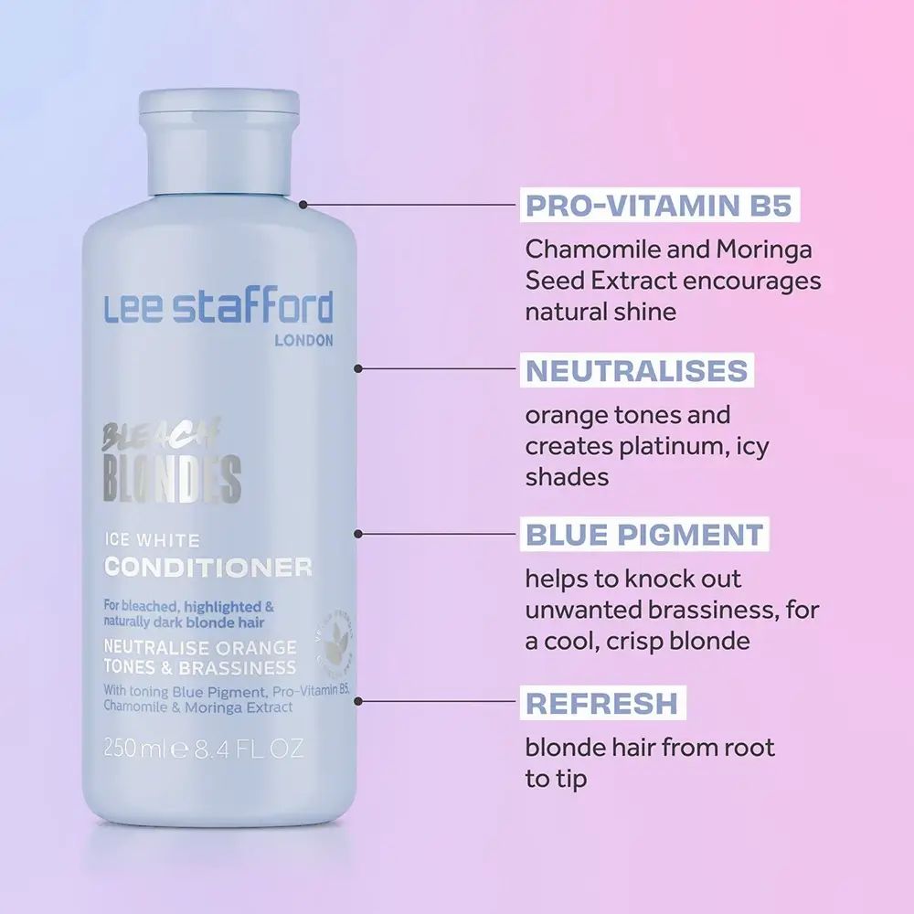 Lichtblauwe fles met etiket. Tekst: LEE STAFFORD, Bleach Blondes Ice White Conditioner. Met tekstannotaties.