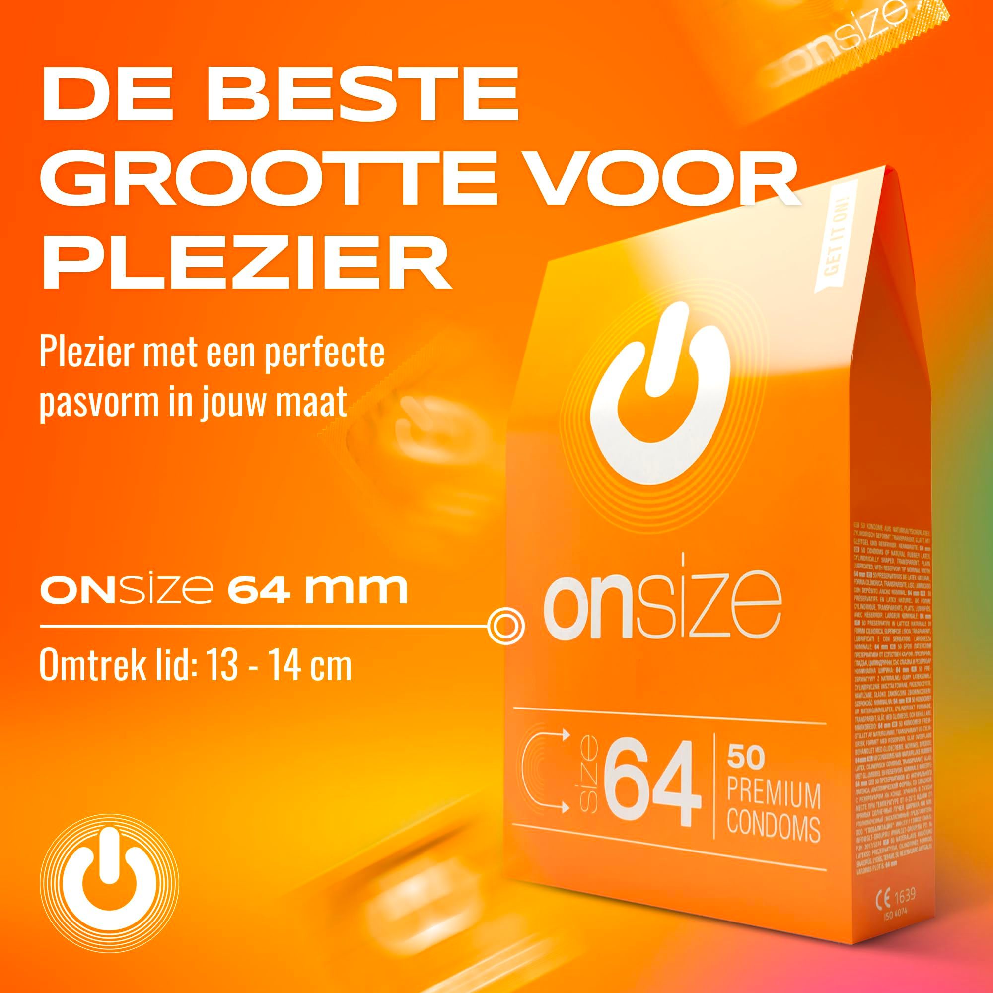 ONsize condoomverpakkingen in verschillende maten en kleuren. Maten van 47mm tot 72mm.
