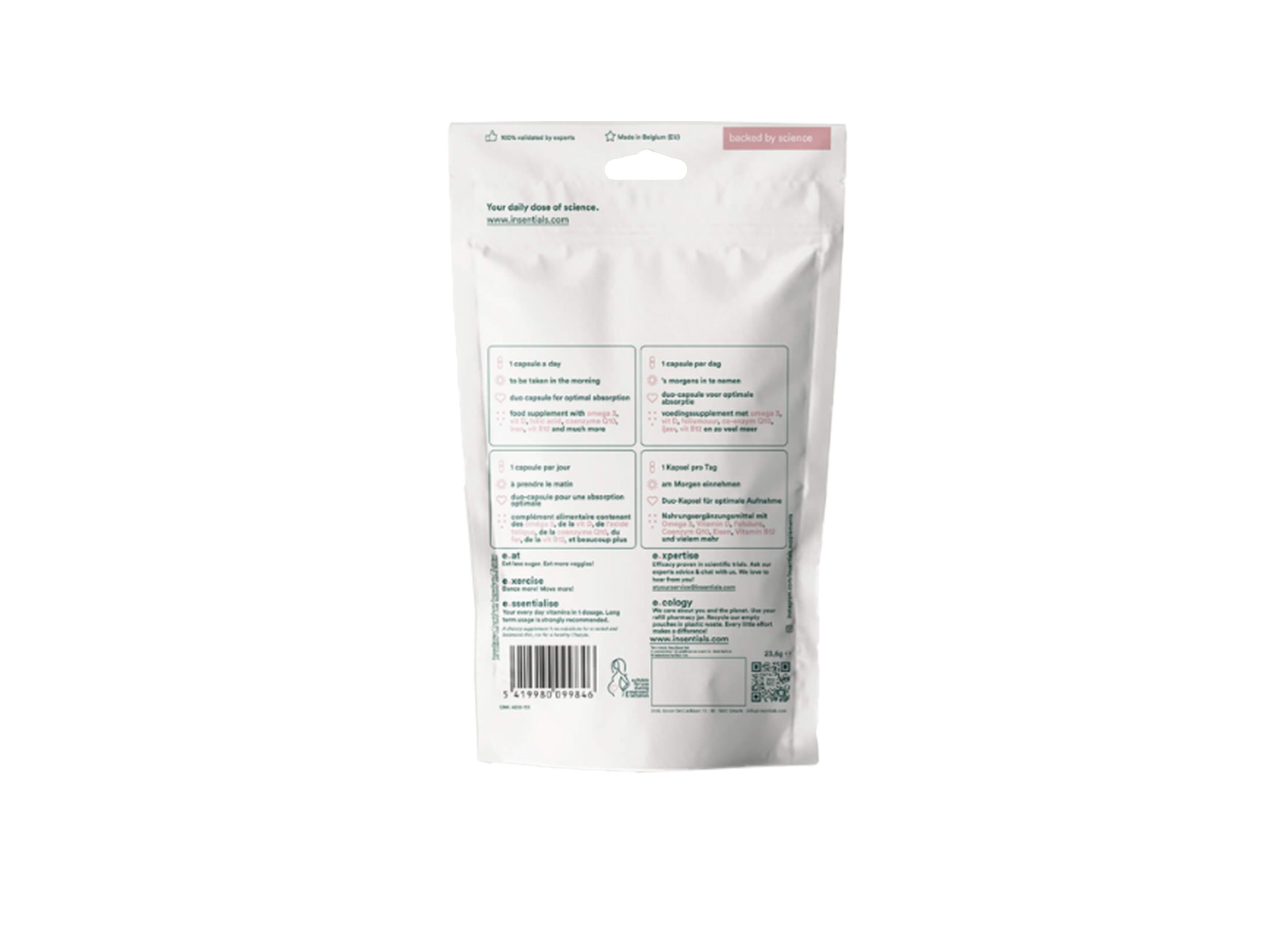 Dos du sachet de Smart Vitamins. Texte en plusieurs langues. Informations sur les ingrédients et l'utilisation.