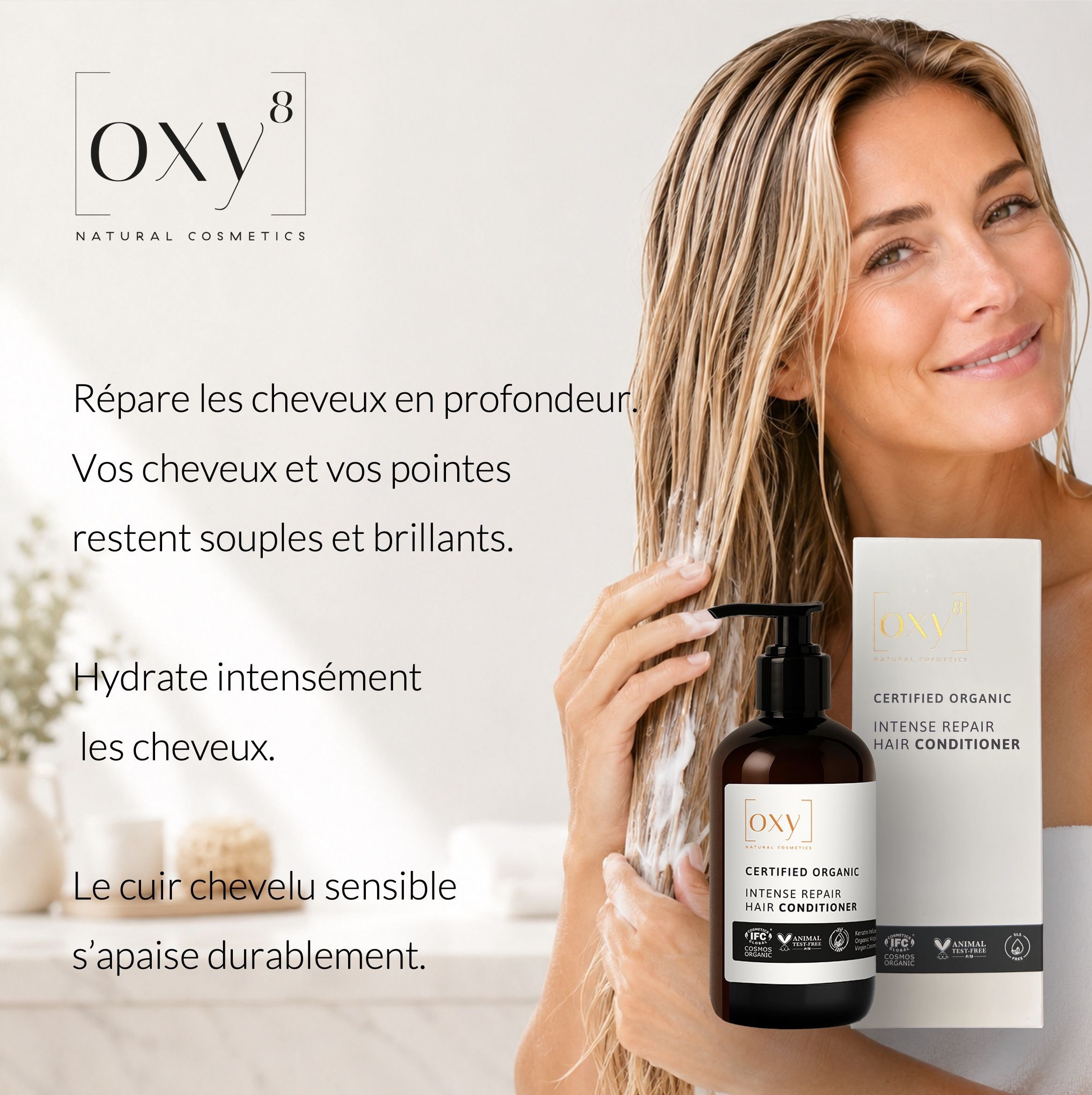 Femme avec cheveux, emballage produit avec texte: OXY8, Conditionneur.