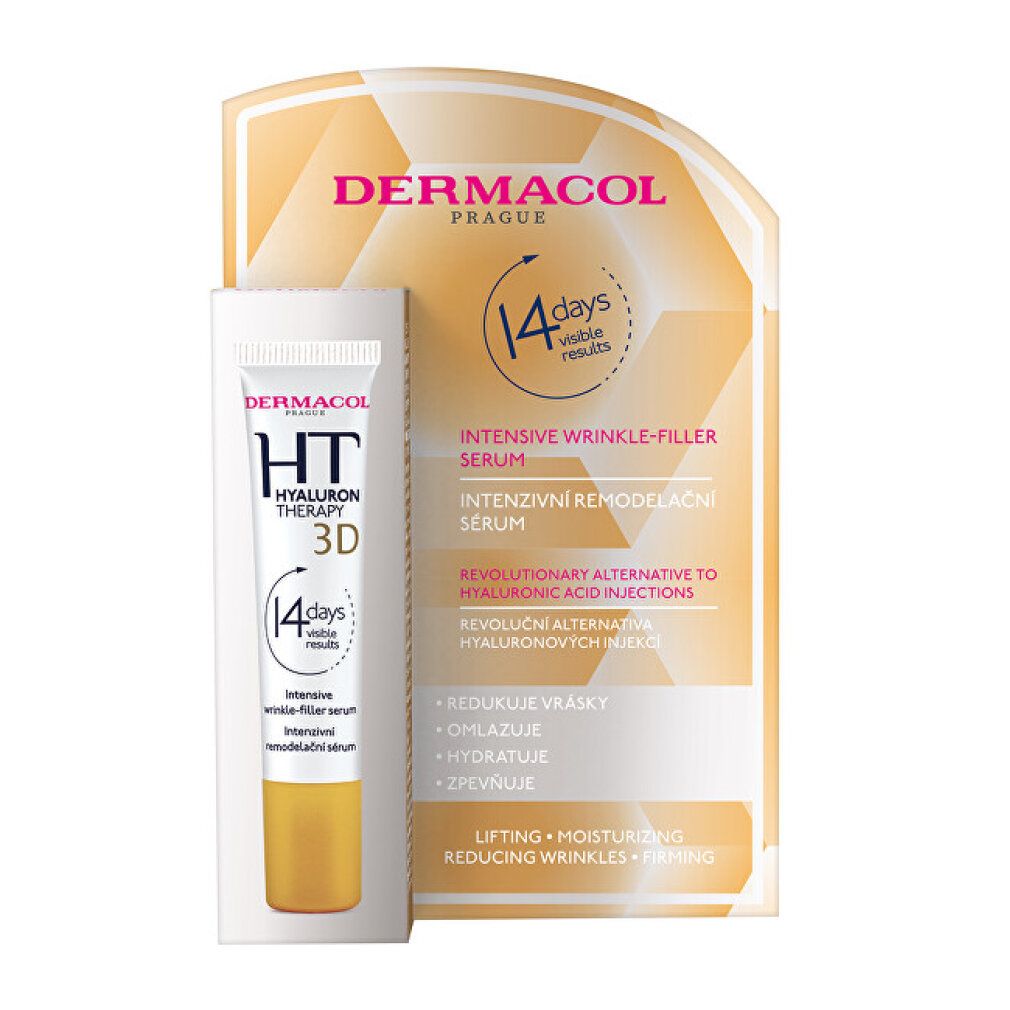 Emballage produit avec tube et carton. Contient "HT HYALURON THERAPY 3D" et "14 days visible results".