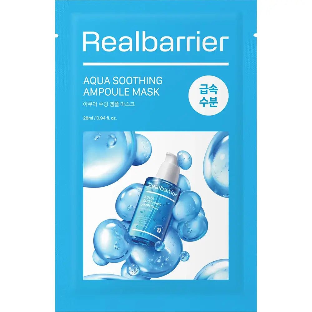 Sachet de produit bleu avec image du produit et texte Realbarrier.