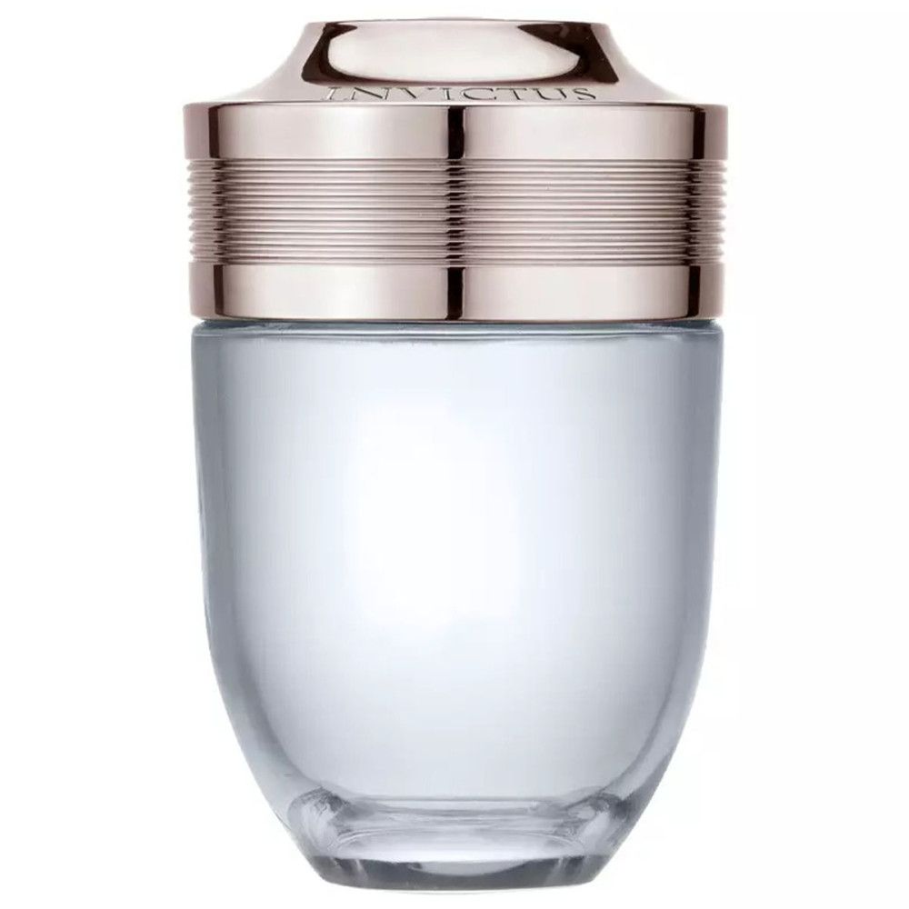 Flacon avec bouchon or rose et liquide clair. Logo "Invictus" sur le bouchon.
