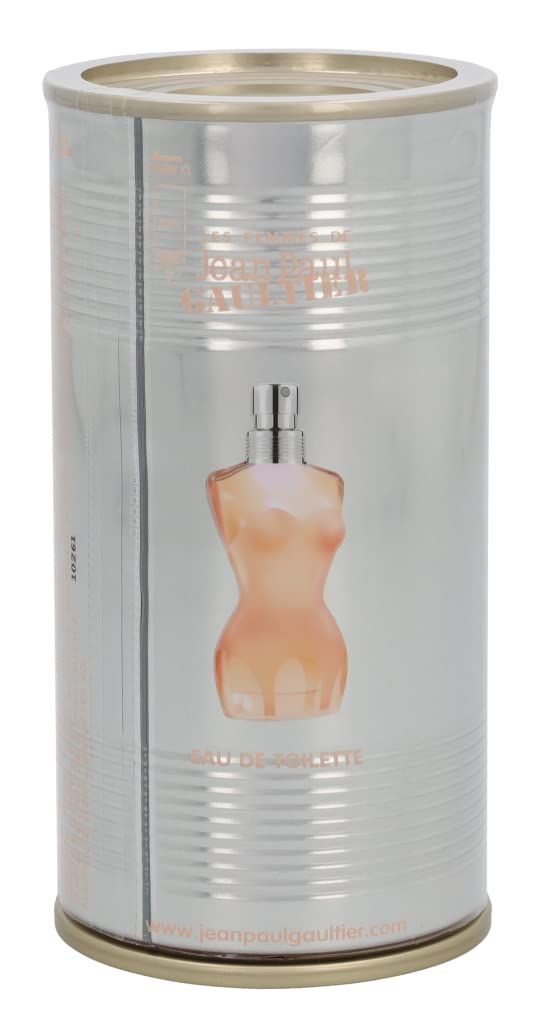 Boîte argentée avec image de flacon de parfum. Inscription : Jean Paul Gaultier, Eau de Toilette. Boîte à surface cannelée.