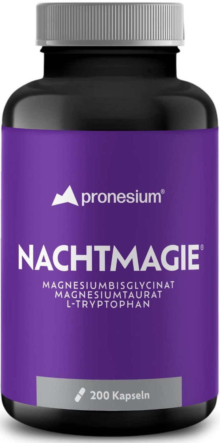 Flacon noir avec étiquette violette. Inscription : NACHTMAGIE, ingrédients. 200 gélules.