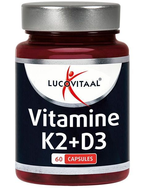 Flacon brun avec couvercle argenté. Contient Vitamine K2 + D3. Inscription: "Lucovitaal" et "60 CAPSULES".