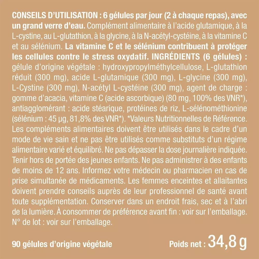 Texte avec conseils d'utilisation et ingrédients. 90 gélules d'origine végétale. Poids 34,8 g.