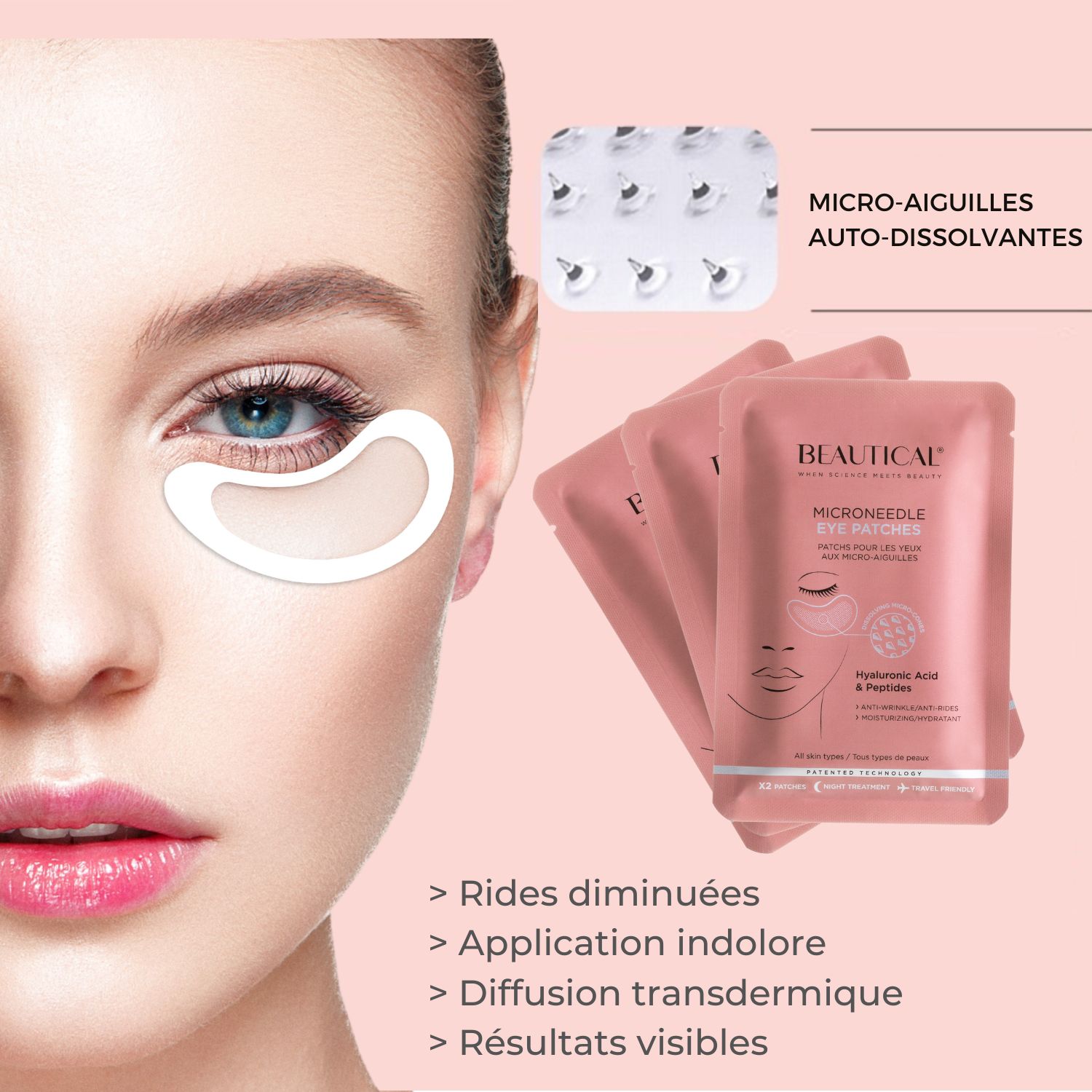 Femme avec patchs BEAUTICAL. Trois emballages roses. Texte: Micro-aiguilles auto-dissolvantes, réduit les rides.