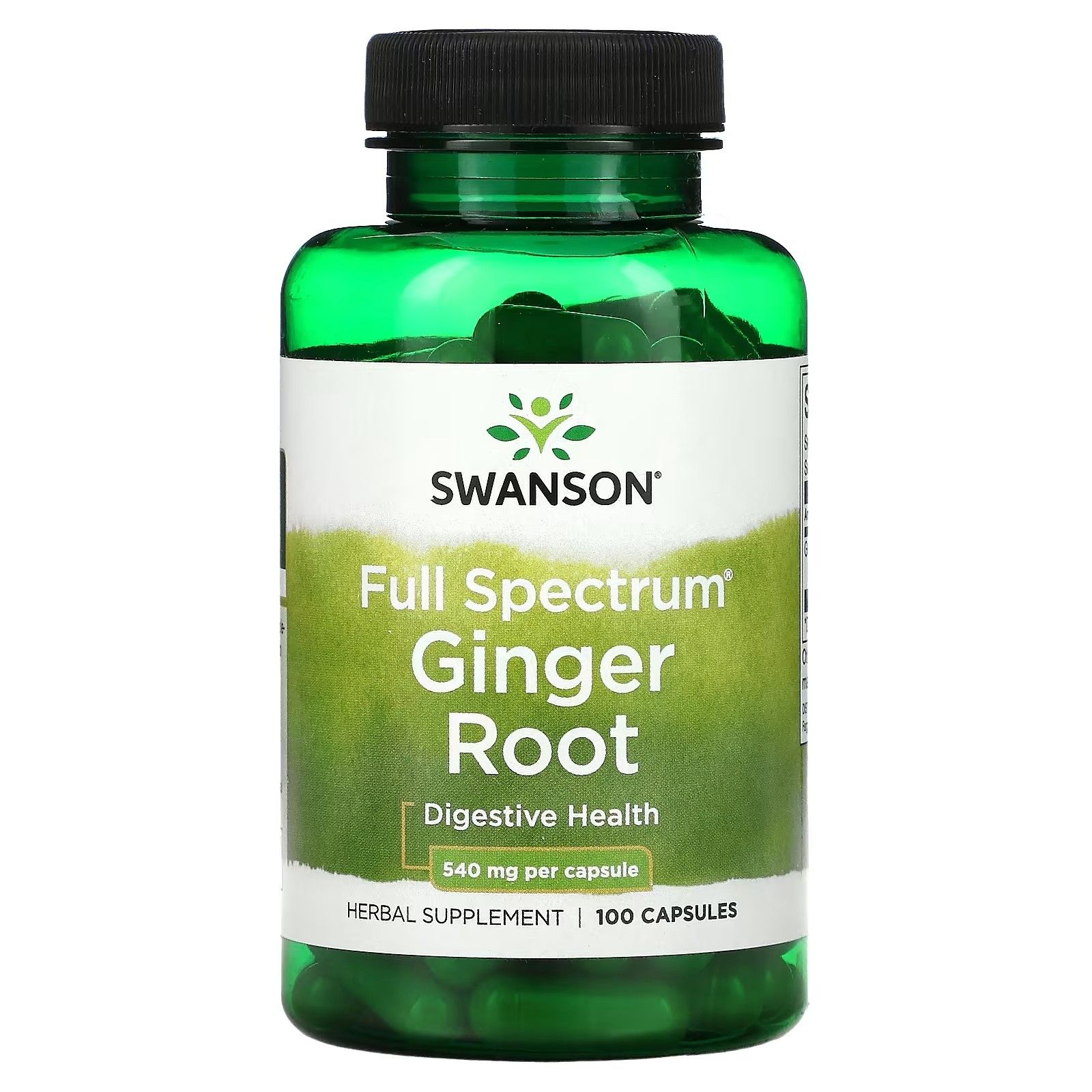 Bouteille verte de gélules de racine de gingembre Swanson, 540 mg par gélule, 100 gélules.