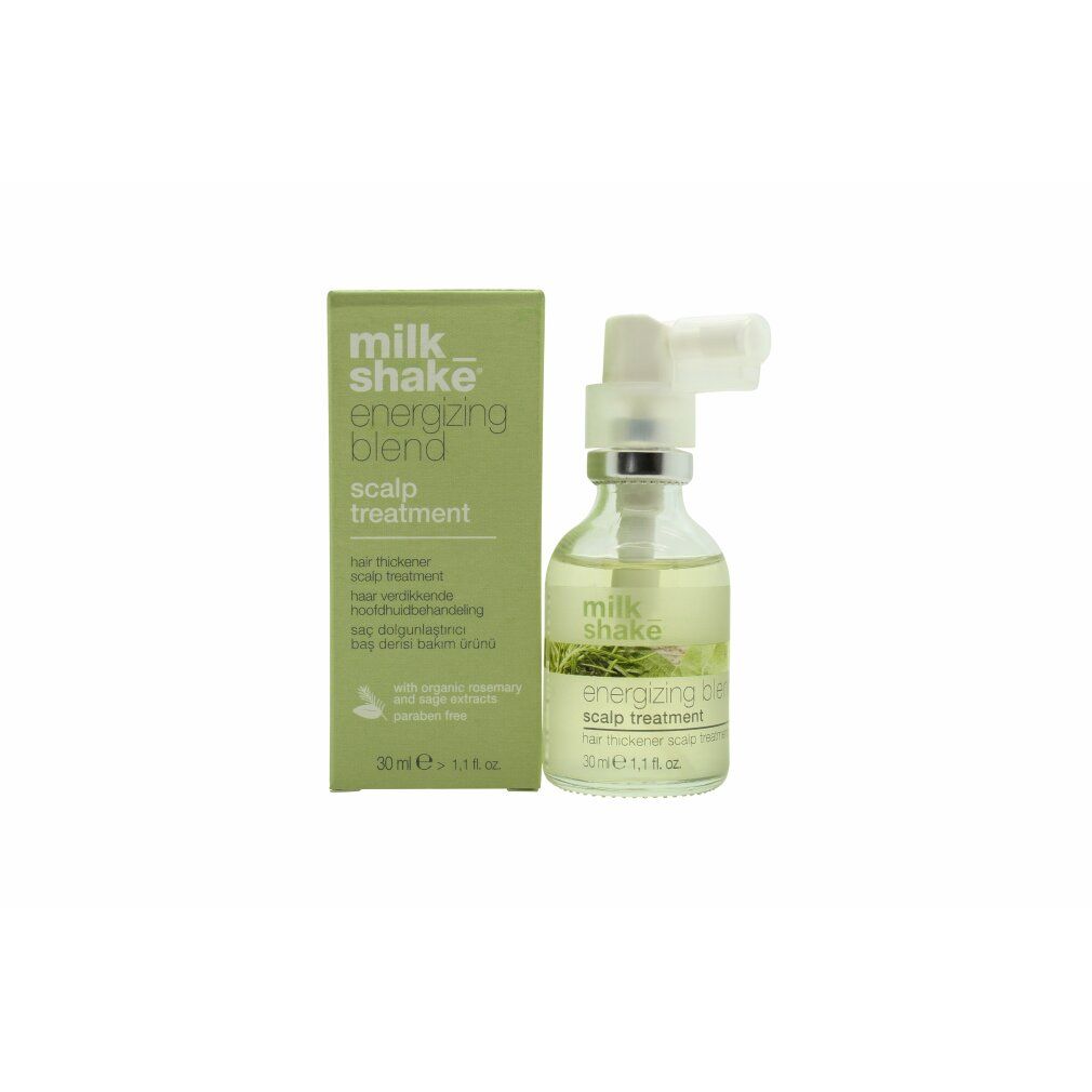 Groene doos en fles met verstuiver. Opschrift: energizing blend scalp treatment. 30ml.
