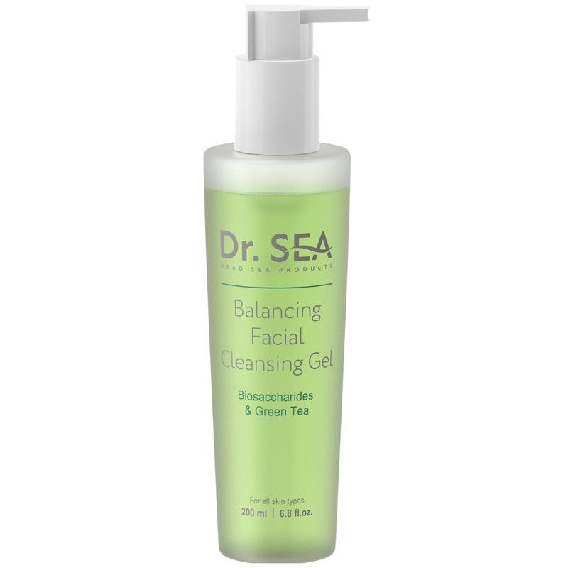 Groene reinigingsgel met witte pomp. Opschrift: Dr. SEA, Balancing Facial Cleansing Gel.