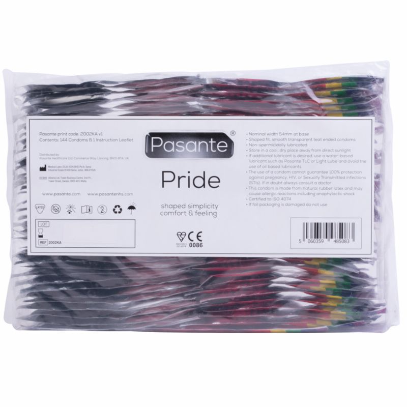 Pasante Pride condooms in folieverpakking. Veel condooms zichtbaar in een transparante verpakking. Bedrukte productinformatie.