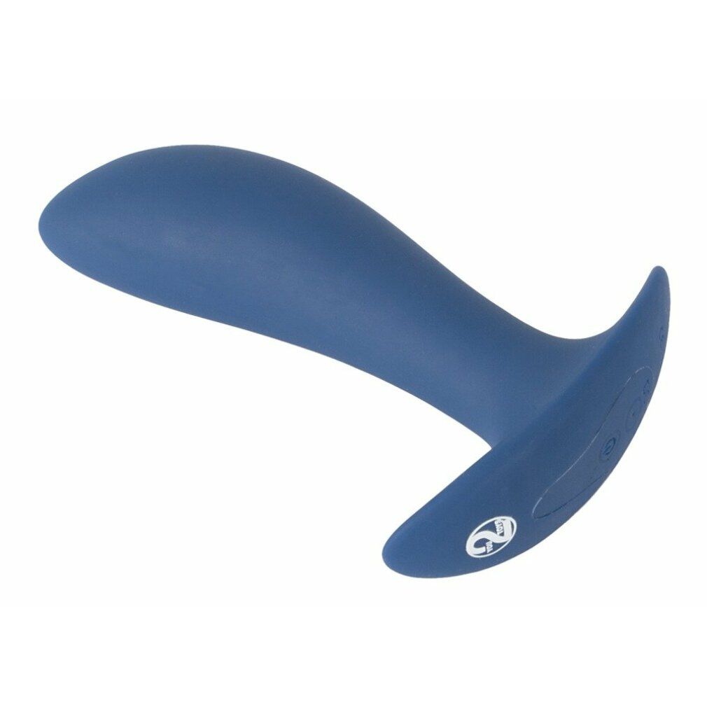 Donkerblauwe anale plug met gebogen vorm en brede basis. Logo op de basis.