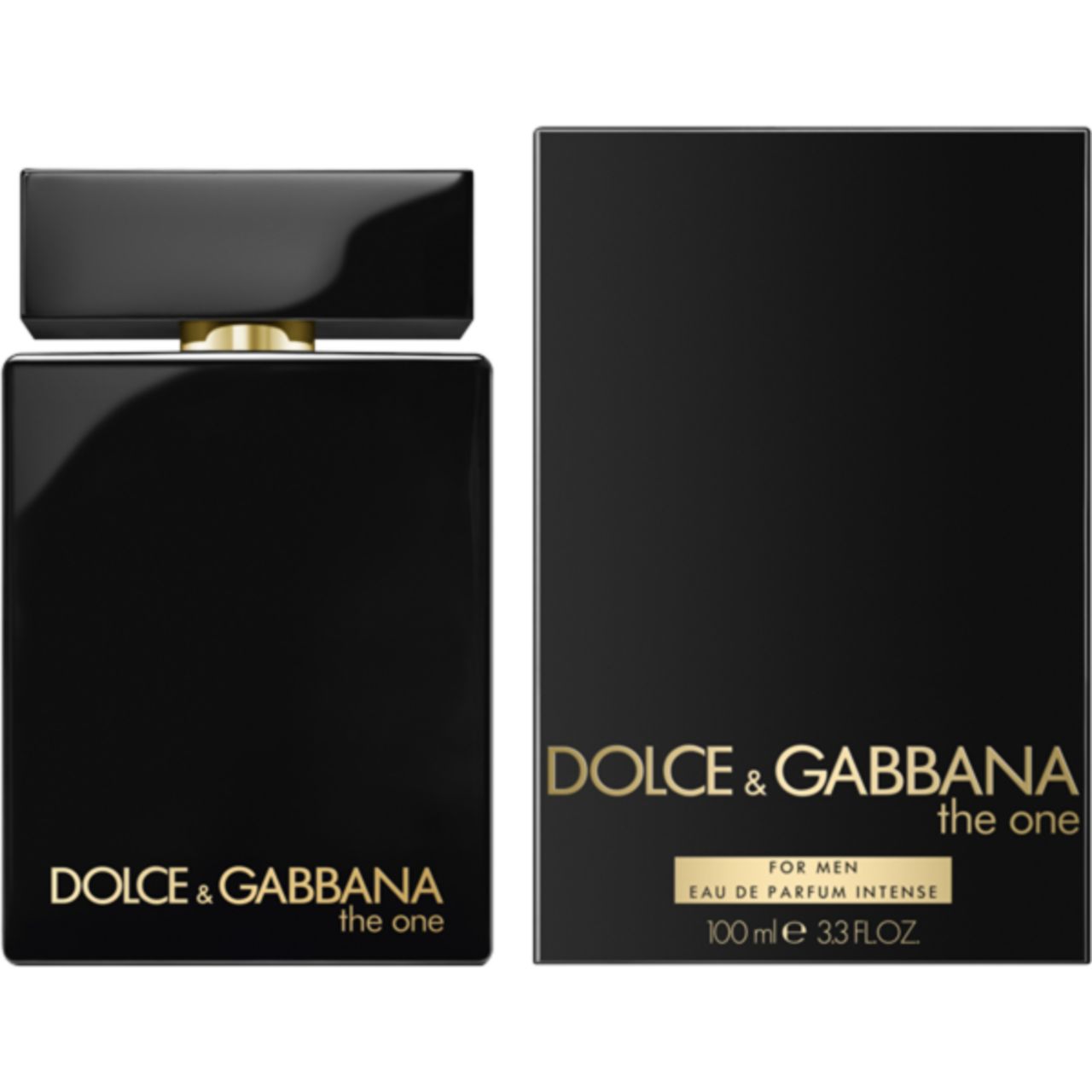 Zwarte fles en verpakking. Gouden tekst: DOLCE & GABBANA the one. Op de verpakking: FOR MEN, Eau de Parfum Intense.