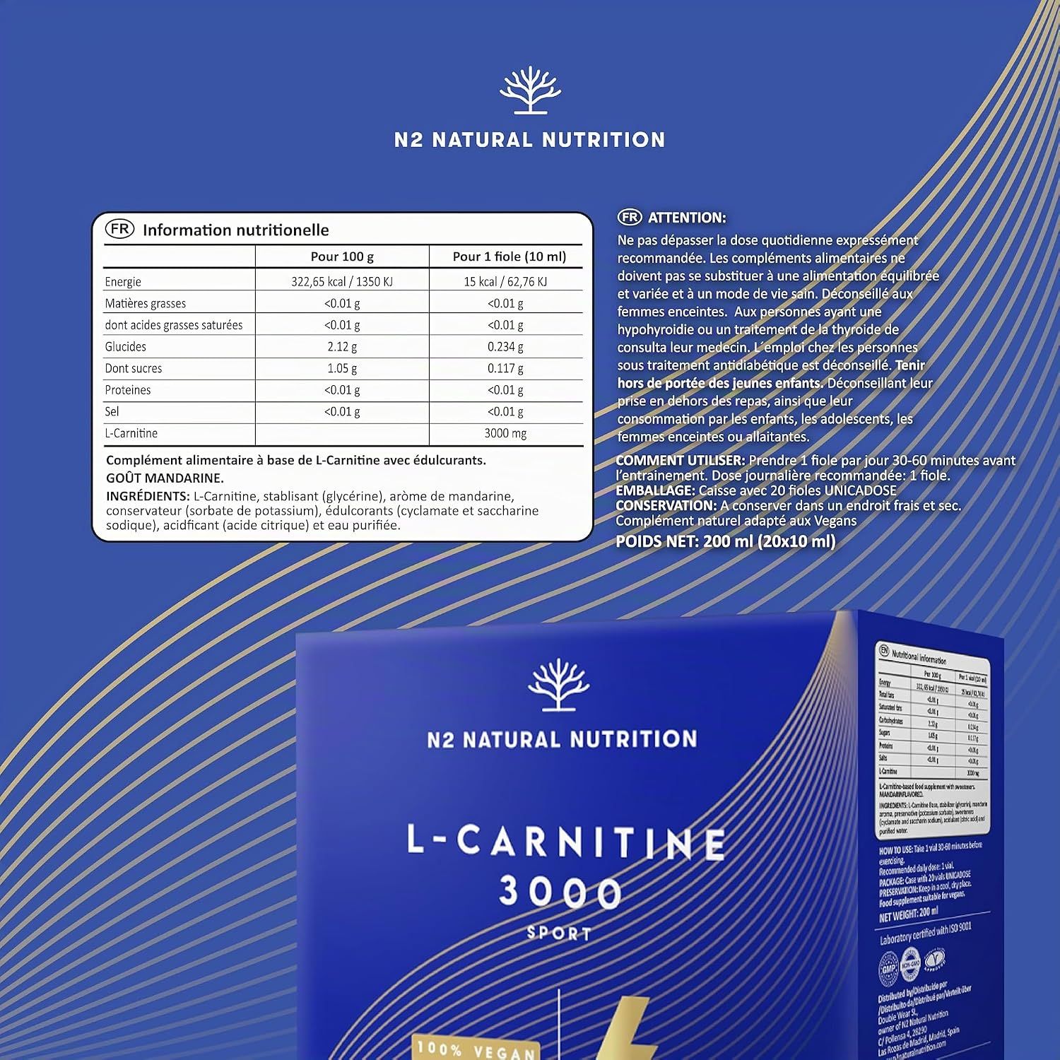 N2 Natural Nutrition L-Carnitine 3000 Sport, 20 flacons de 10ml. Informations nutritionnelles et ingrédients sur l'emballage.
