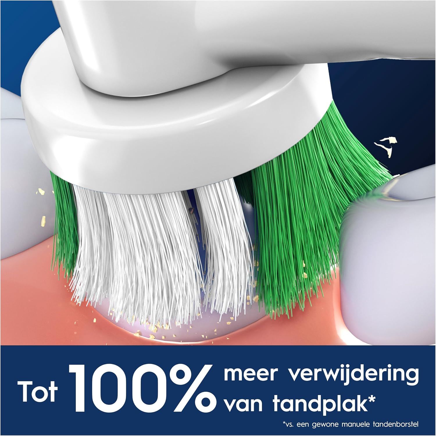Elektrische tandenborstelkop met witte en groene borstels reinigt tanden en tandvlees.