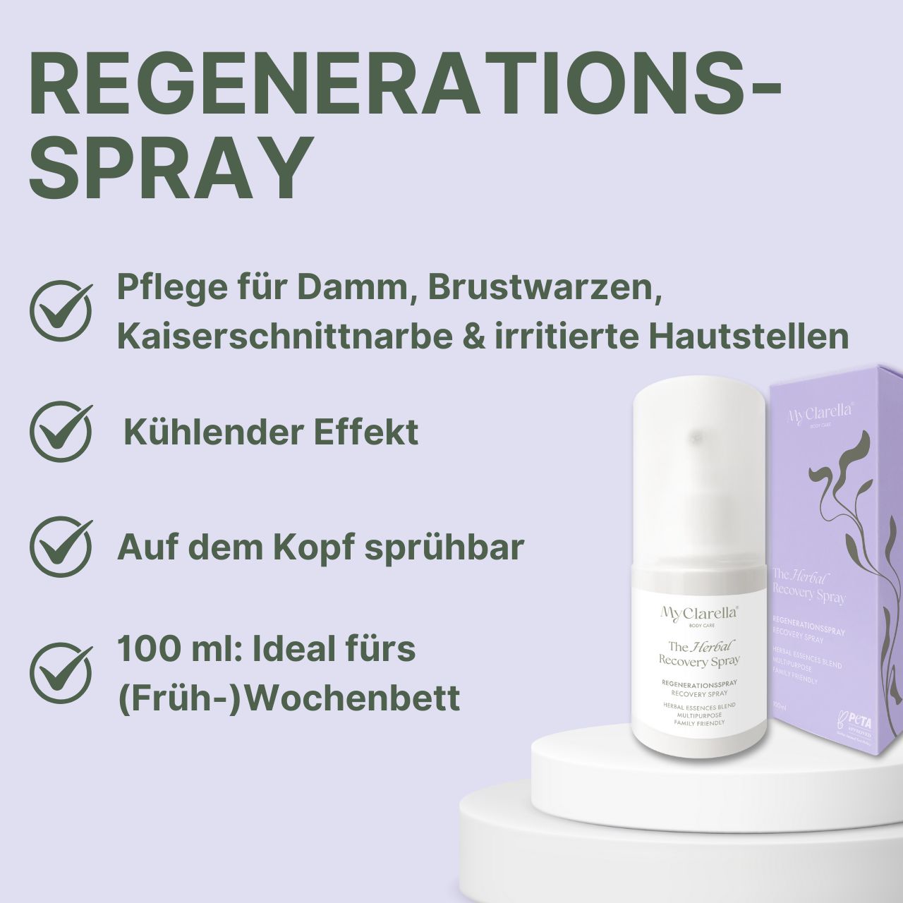 Flacon de spray. Texte: Spray régénérant. 100 ml. Pour périnée, mamelons, cicatrices. Avec label PETA.