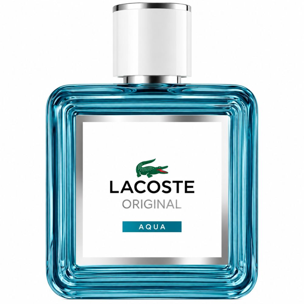 Lacoste Original Aqua parfumfles met witte dop en zilveren rand. Turquoise vloeistof zichtbaar.