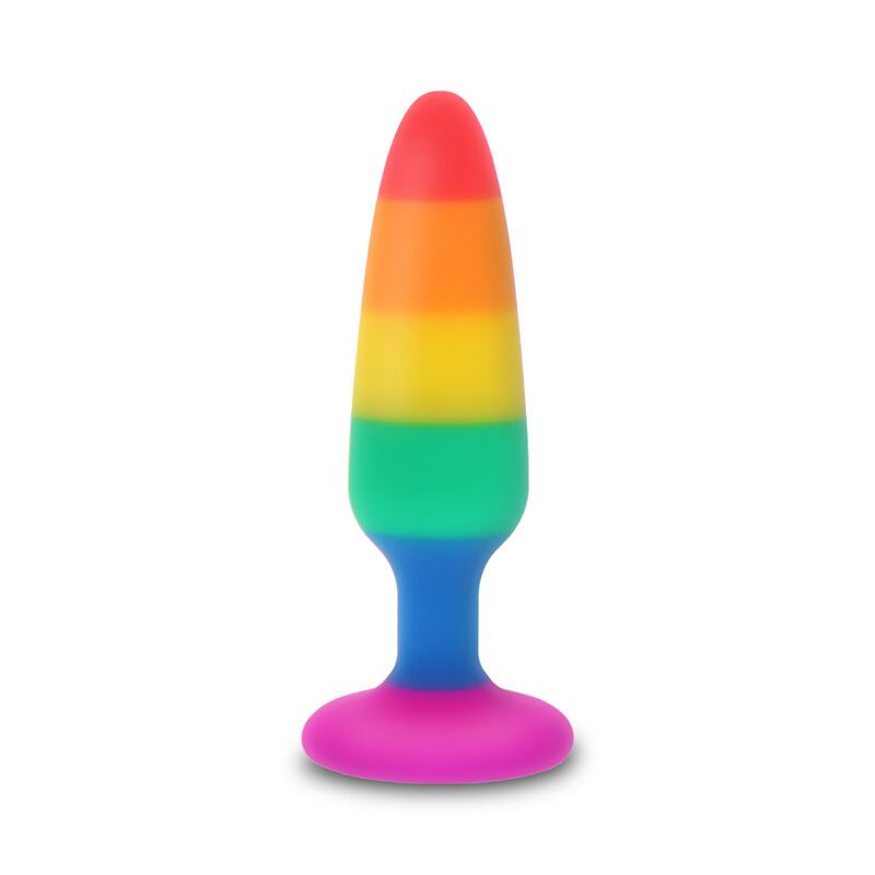 Regenboogkleurige siliconen anale plug met brede basis.