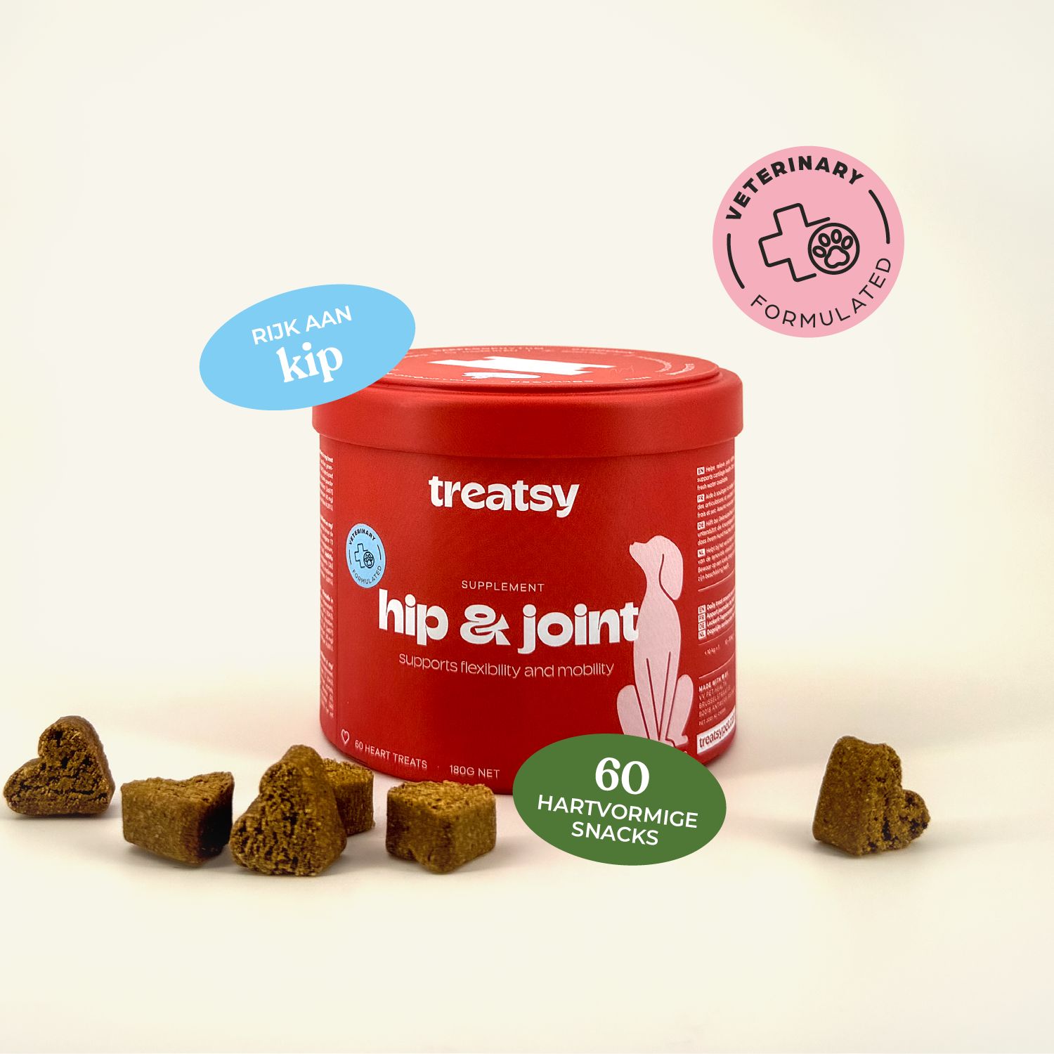 Rode Treatsy-pot, hip & joint. Hartvormige snacks ernaast. Veterinair geformuleerd.