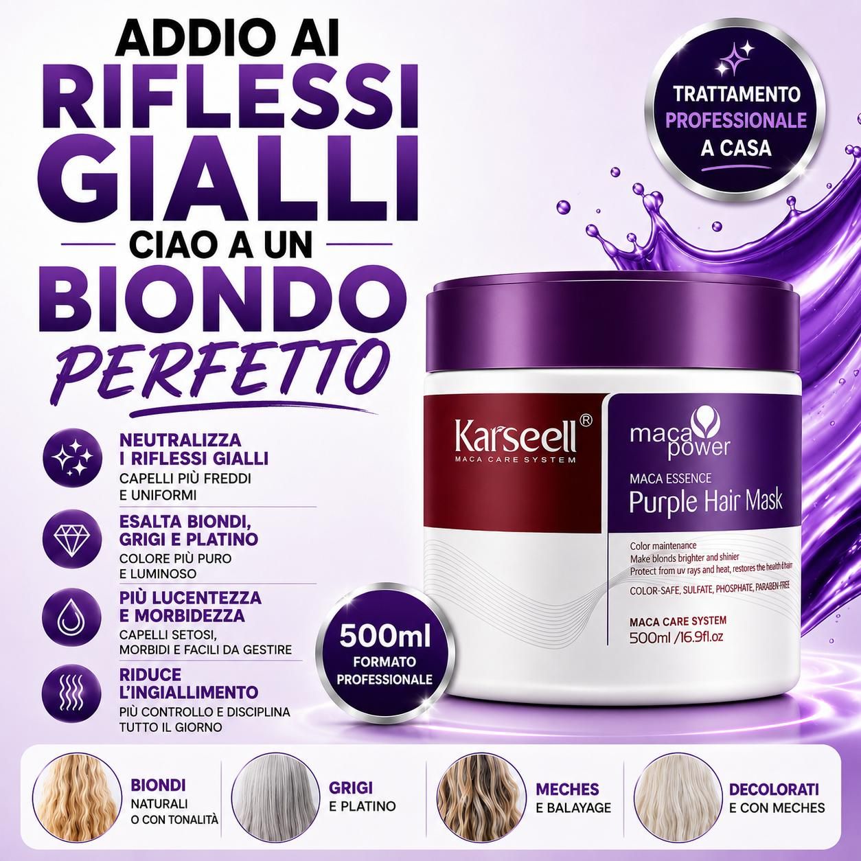 KARSEELL Masque Violet Anti-jaunissement pour Cheveux Blonds Platine et Gris