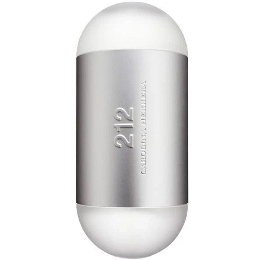 Cilindrische fles met zilveren middengedeelte. Opschrift "212" en "Carolina Herrera". Witte doppen aan beide uiteinden.