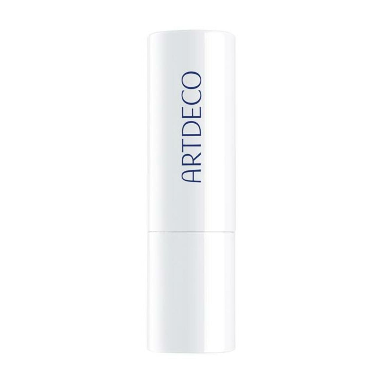 Witte lipstick huls met blauwe "ARTDECO" tekst. Cilindrische vorm, tweedelig.
