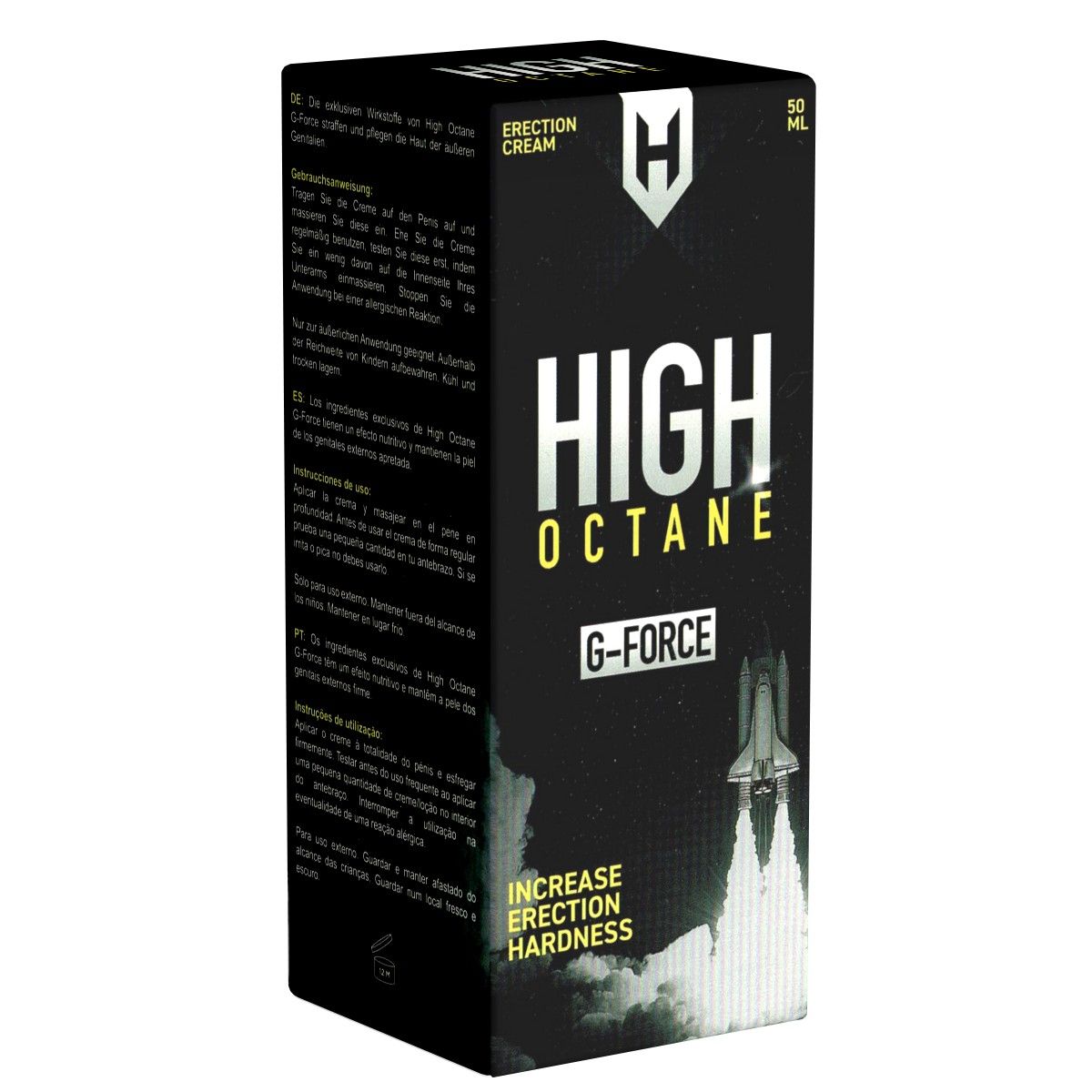Boîte noire avec nom et logo du produit. Contient du texte en plusieurs langues. Inscription : HIGH OCTANE G-FORCE, ERECTION CREAM.