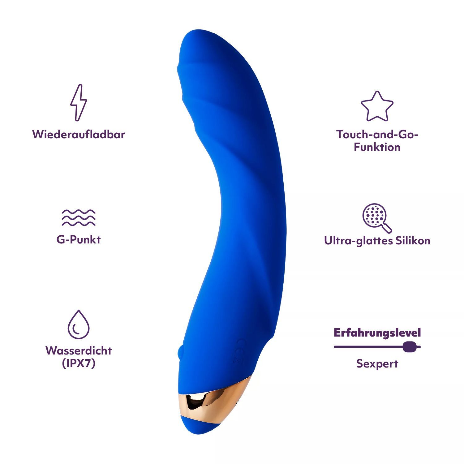 Vibrateur bleu avec symboles : Rechargeable, Point G, Étanche (IPX7), Touch-and-Go, Silicone.
