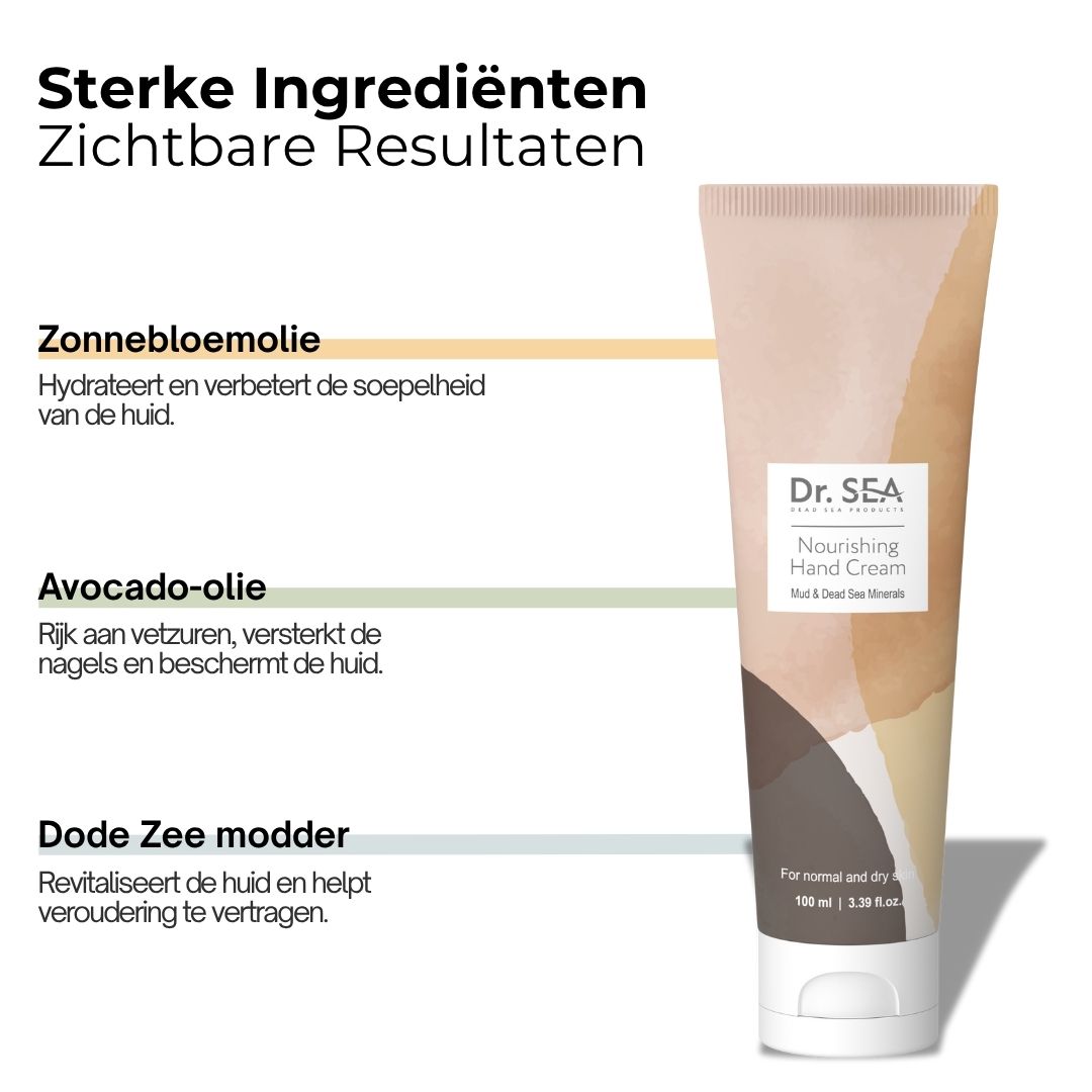 Crèmetube. Opschrift: Dr. SEA, Nourishing Hand Cream. Voor normale en droge huid. Witte dop.